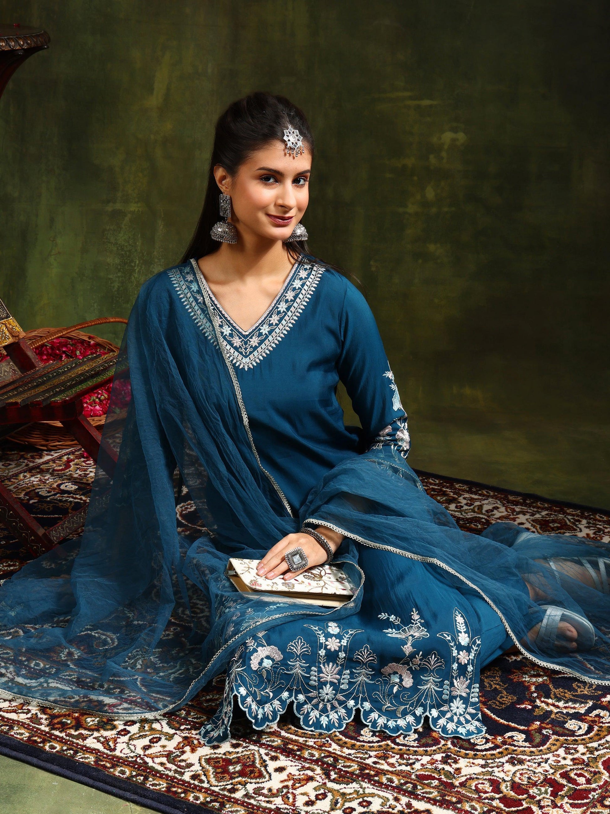 Hem & Yoke Embroidered Kurta With Pant & Lace Taping Net Dupatta, Blue - Hiral Fashion