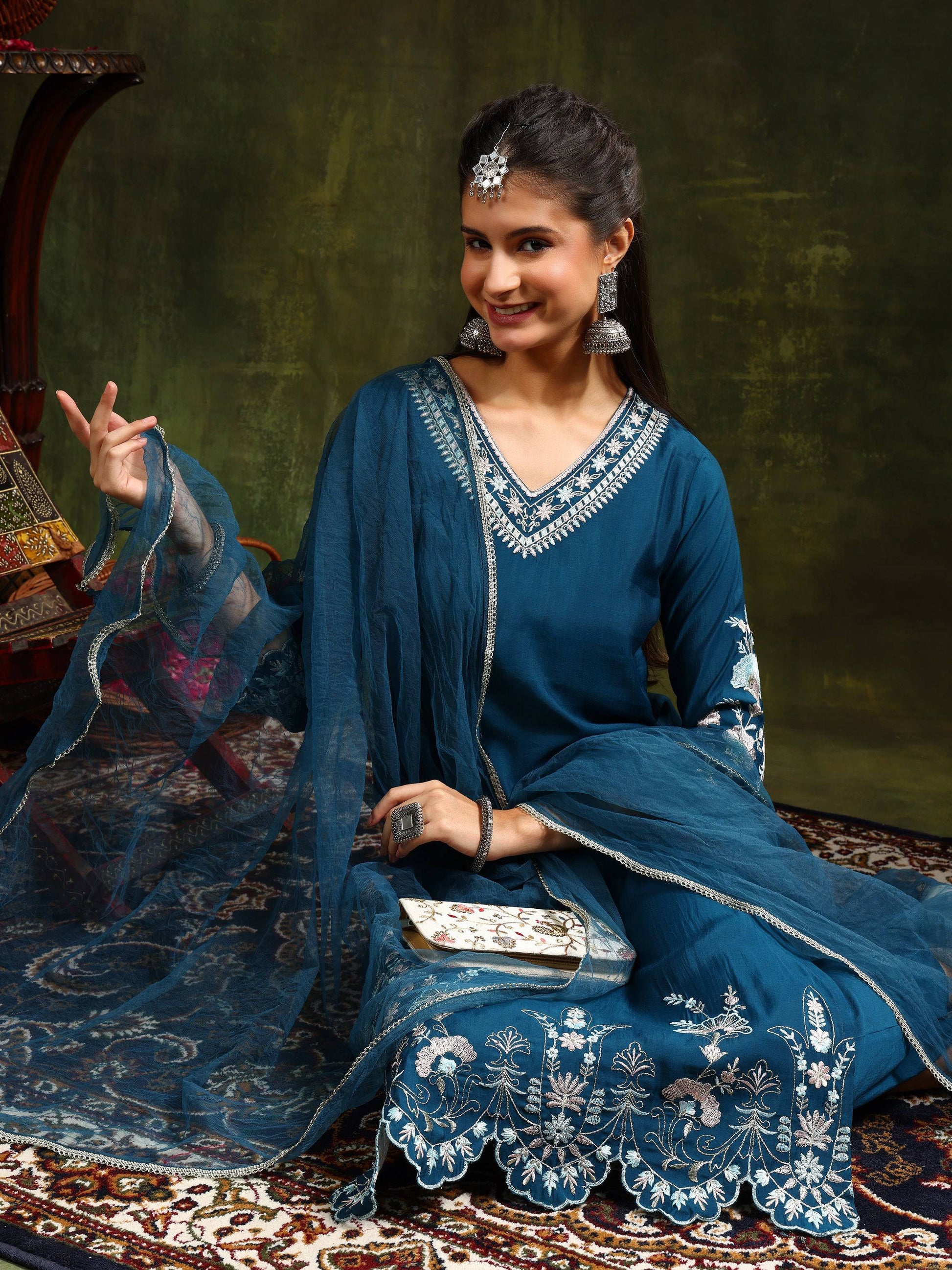 Hem & Yoke Embroidered Kurta With Pant & Lace Taping Net Dupatta, Blue - Hiral Fashion