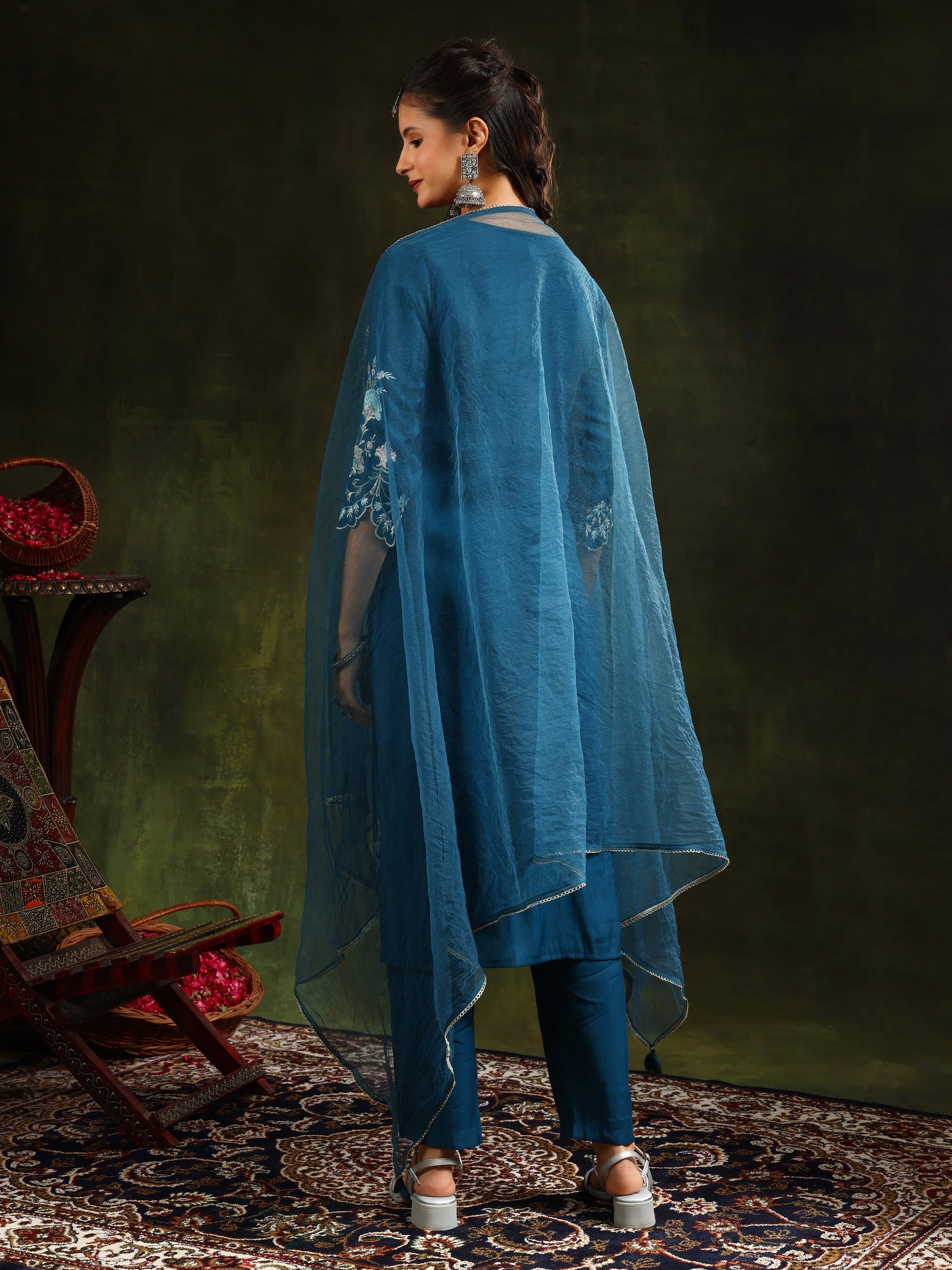Hem & Yoke Embroidered Kurta With Pant & Lace Taping Net Dupatta, Blue - Hiral Fashion