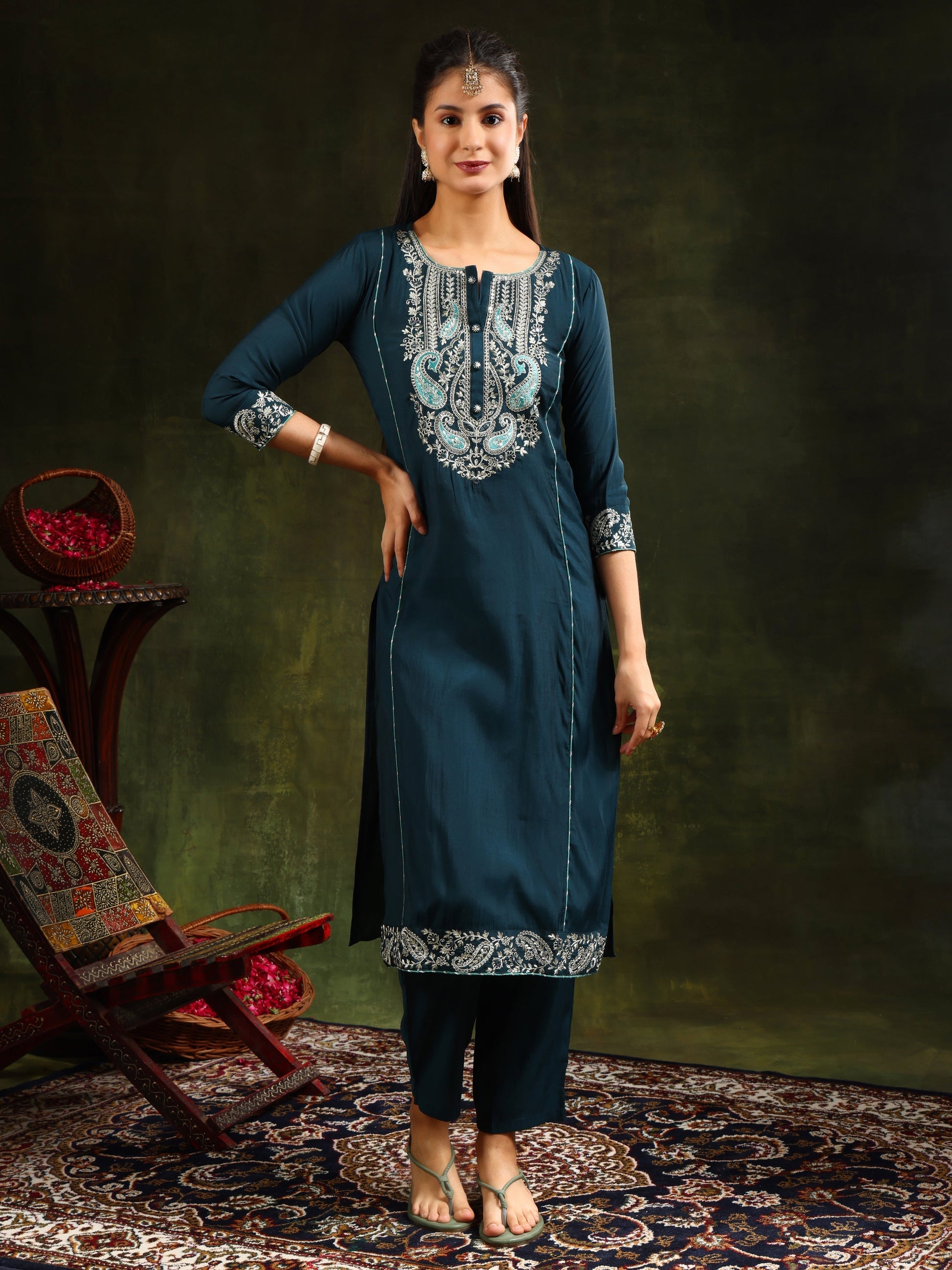 Hem & Yoke Embroidered Kurta With Pant & Lace Taping Net Dupatta, Teal - Hiral Fashion