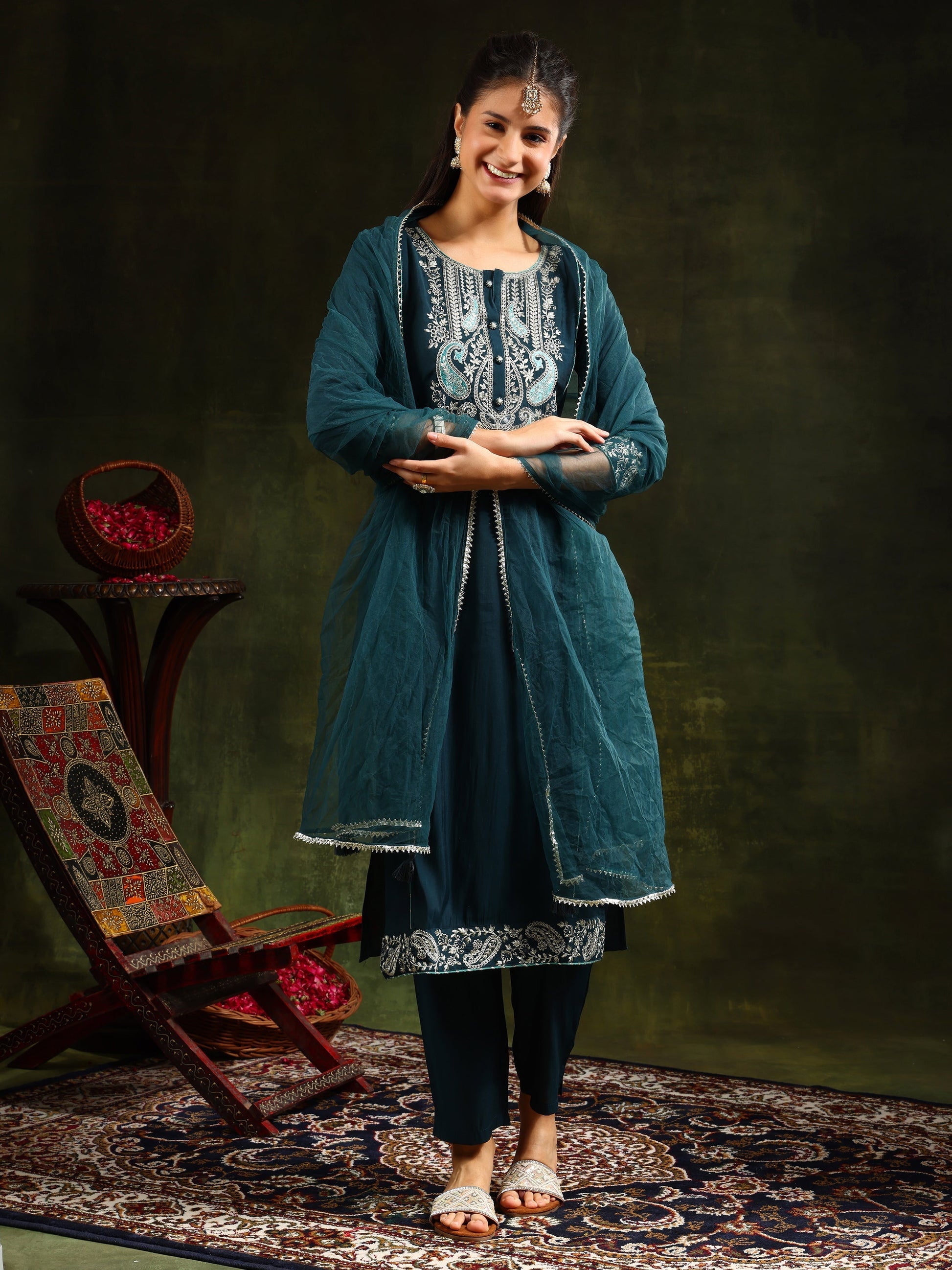 Hem & Yoke Embroidered Kurta With Pant & Lace Taping Net Dupatta, Teal - Hiral Fashion
