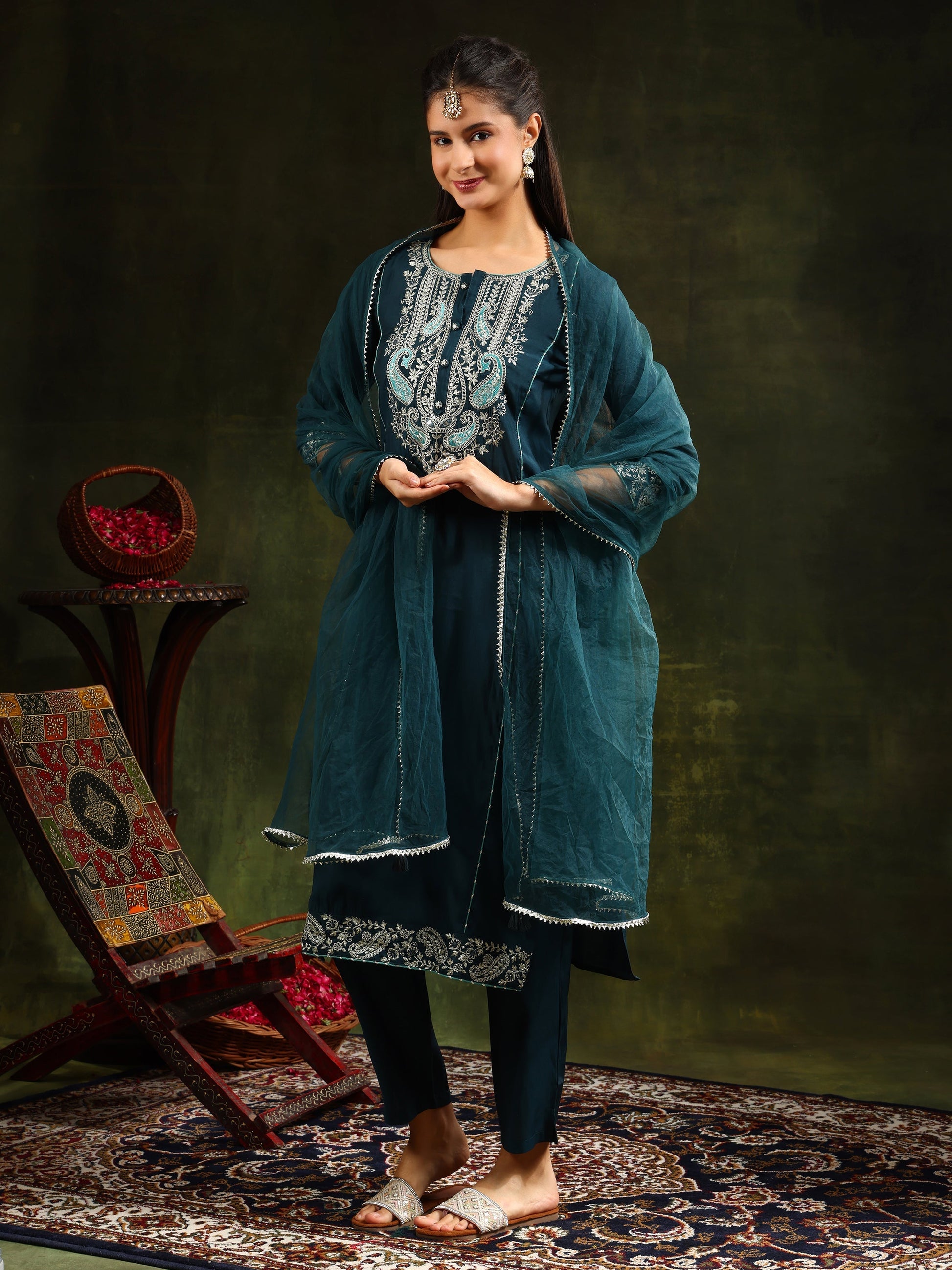 Hem & Yoke Embroidered Kurta With Pant & Lace Taping Net Dupatta, Teal - Hiral Fashion
