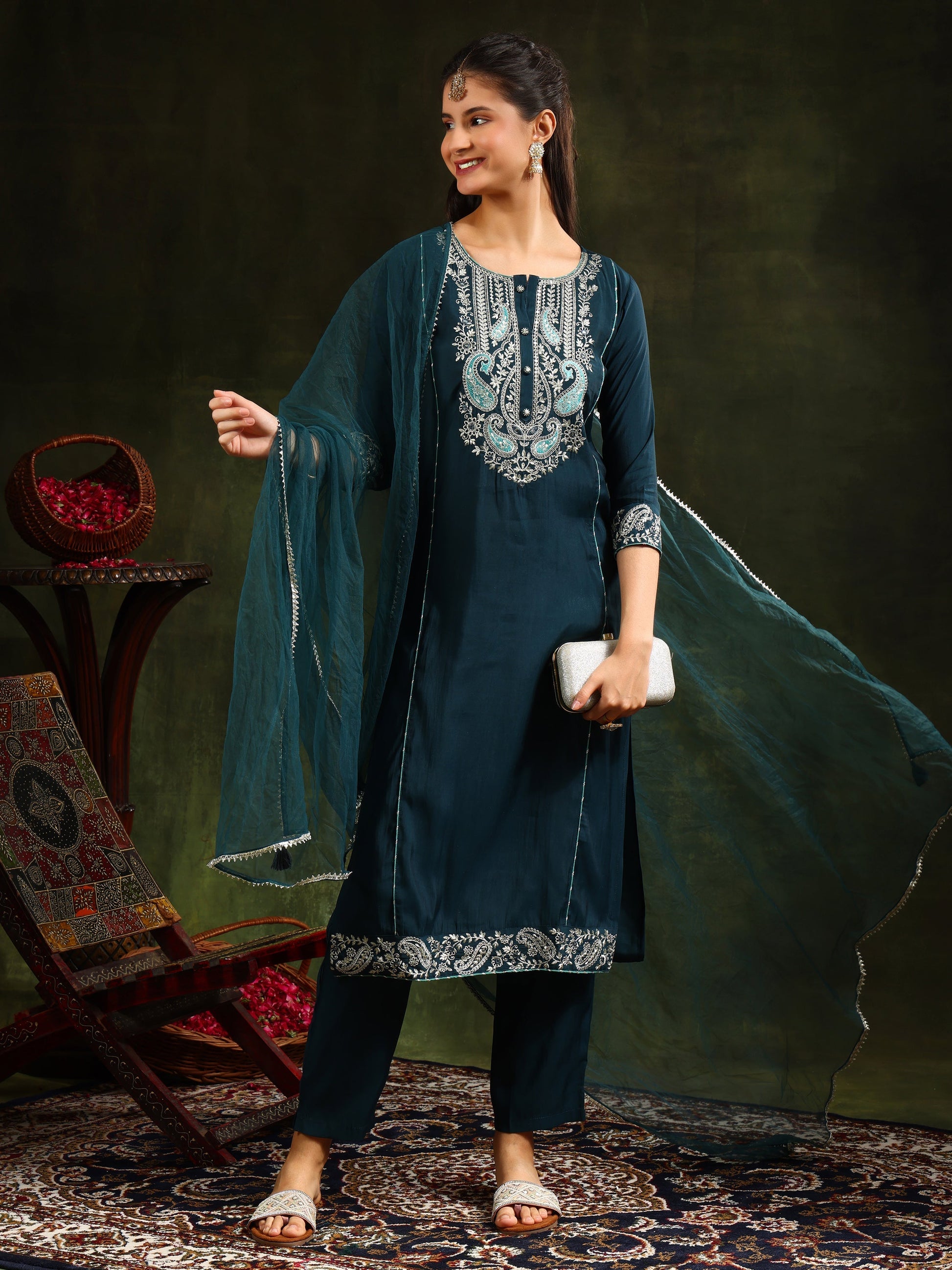 Hem & Yoke Embroidered Kurta With Pant & Lace Taping Net Dupatta, Teal - Hiral Fashion
