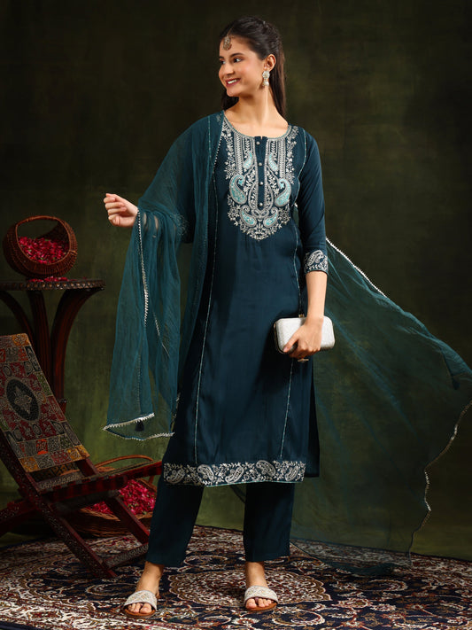 Hem & Yoke Embroidered Kurta With Pant & Lace Taping Net Dupatta, Teal - Hiral Fashion
