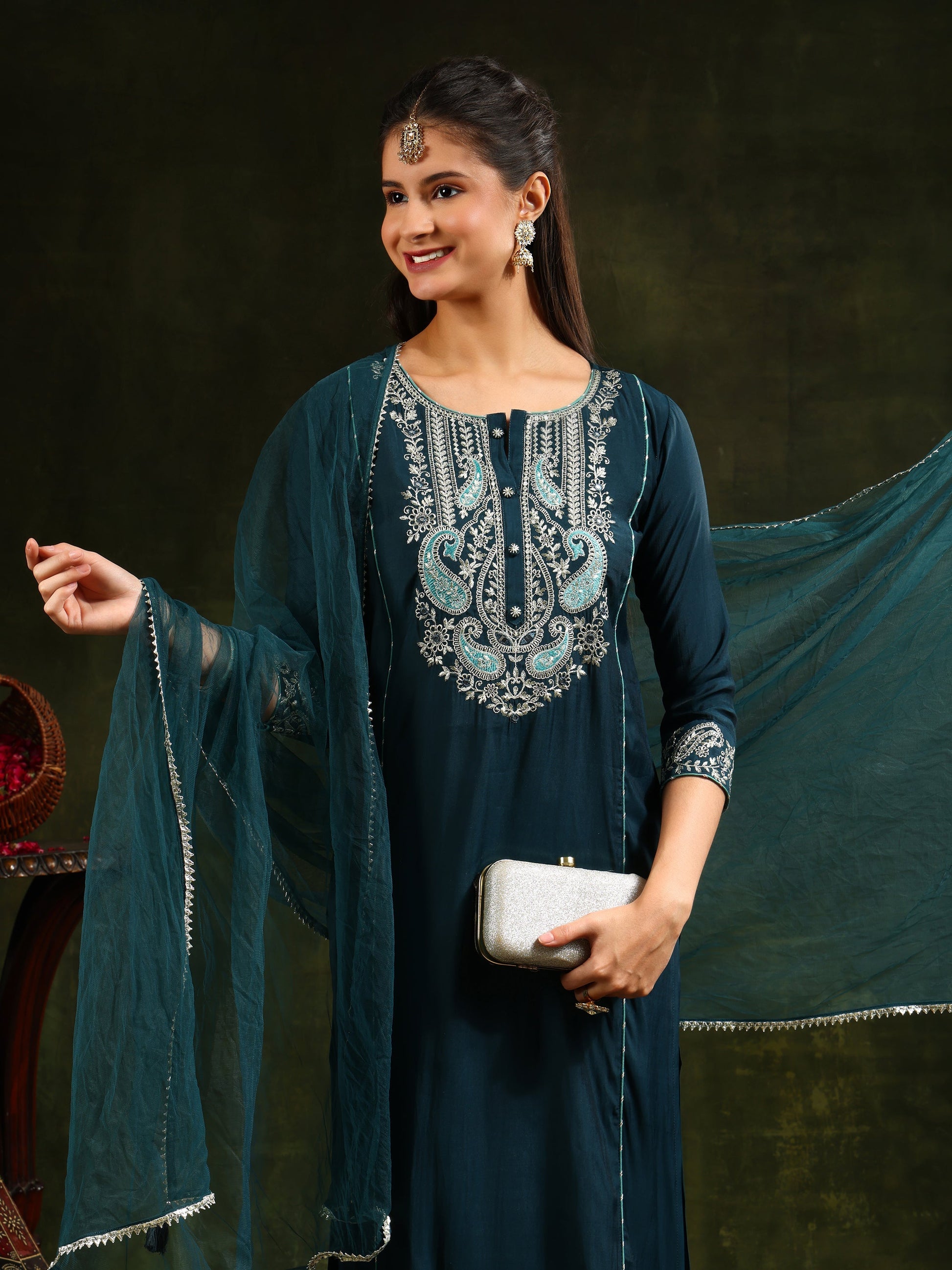 Hem & Yoke Embroidered Kurta With Pant & Lace Taping Net Dupatta, Teal - Hiral Fashion