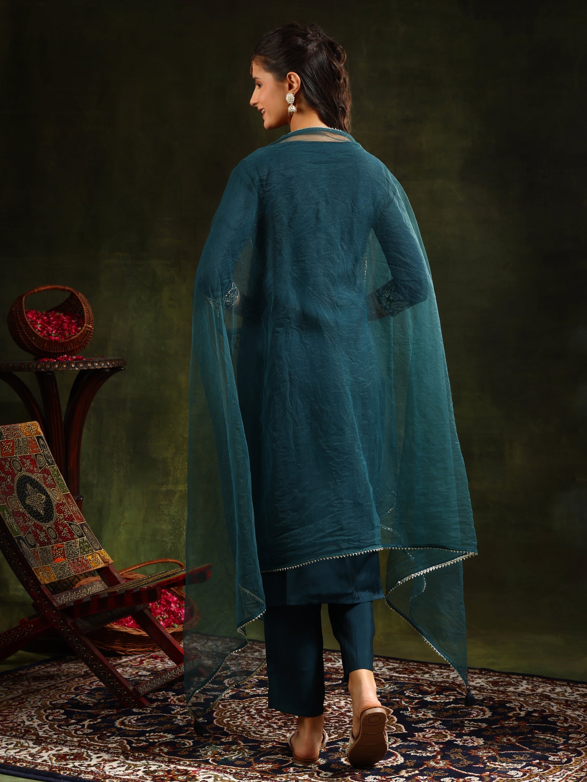 Hem & Yoke Embroidered Kurta With Pant & Lace Taping Net Dupatta, Teal - Hiral Fashion