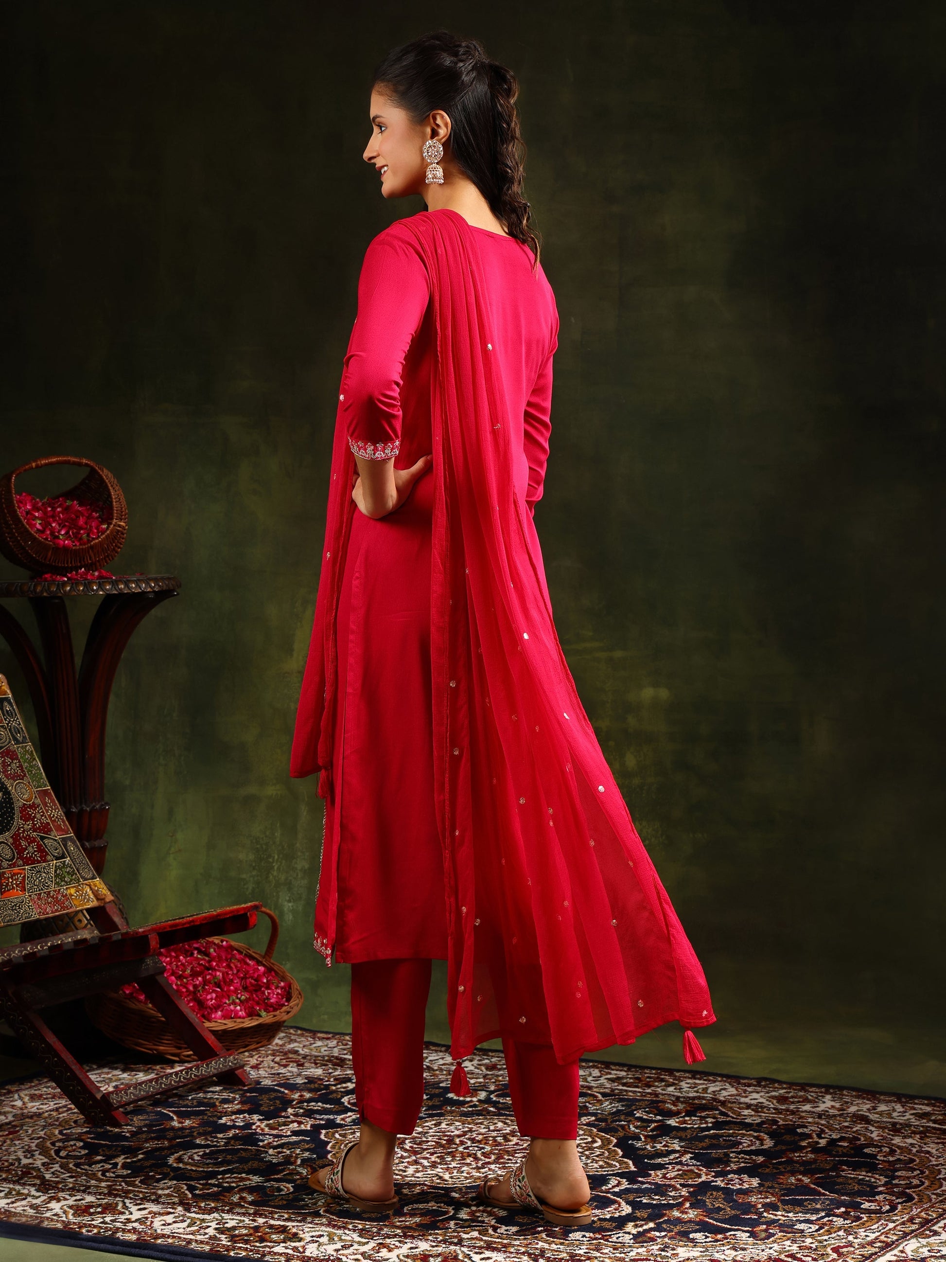 Mirror Embroidered Kurta With Pant & Sequined Embroidered Dupatta, Rani - Hiral Fashion