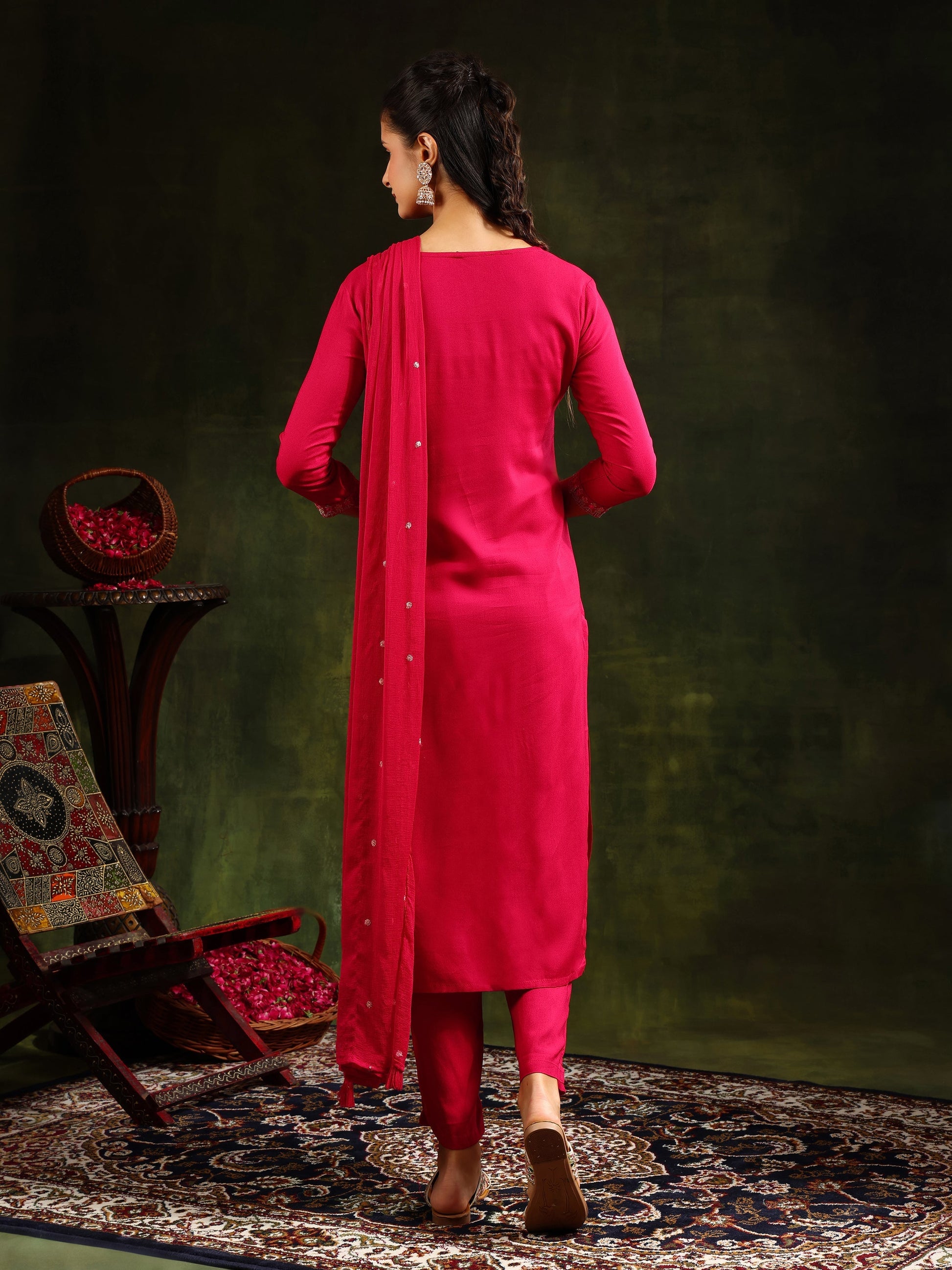 Mirror Embroidered Kurta With Pant & Sequined Embroidered Dupatta, Rani - Hiral Fashion