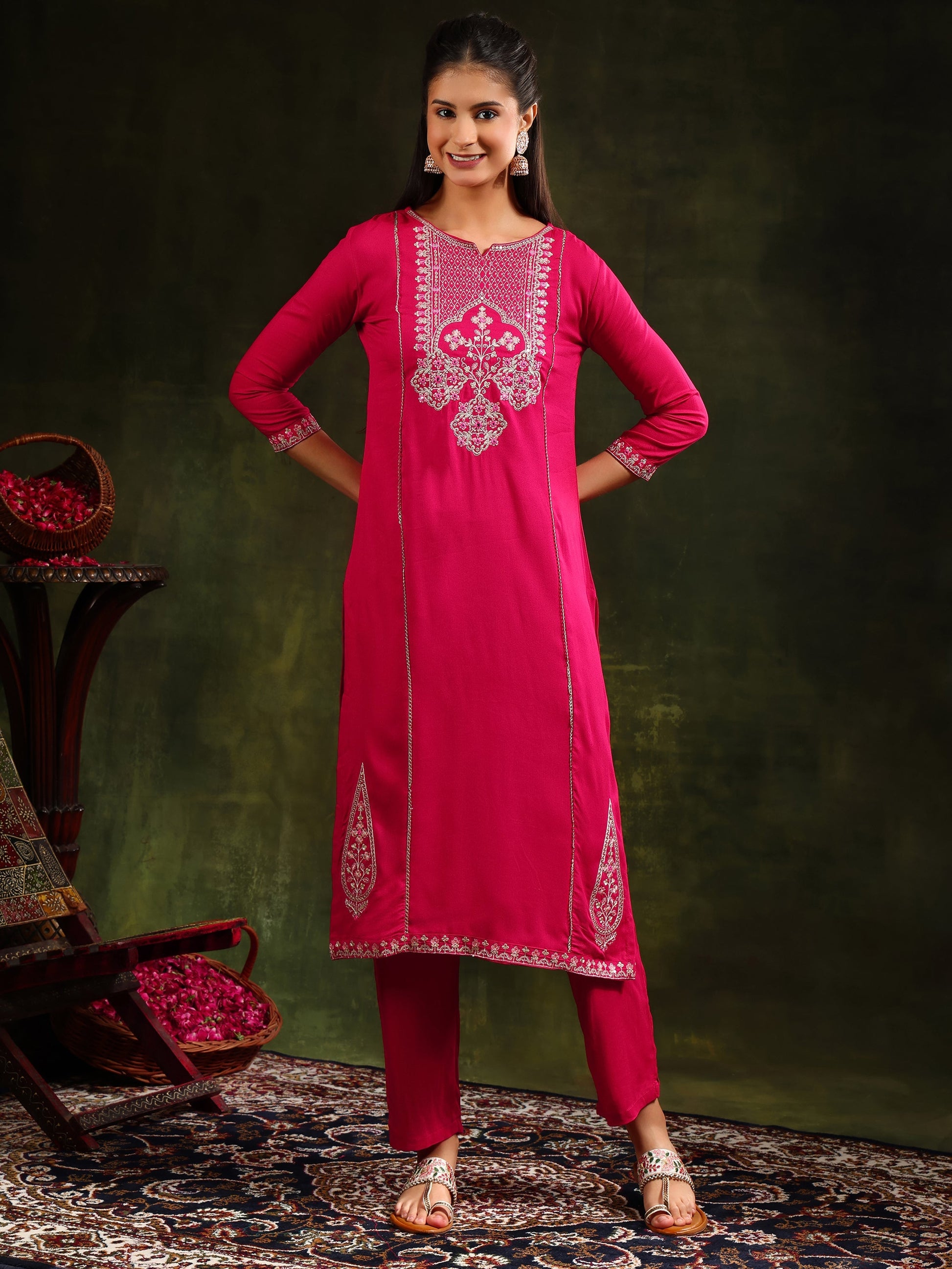 Mirror Embroidered Kurta With Pant & Sequined Embroidered Dupatta, Rani - Hiral Fashion