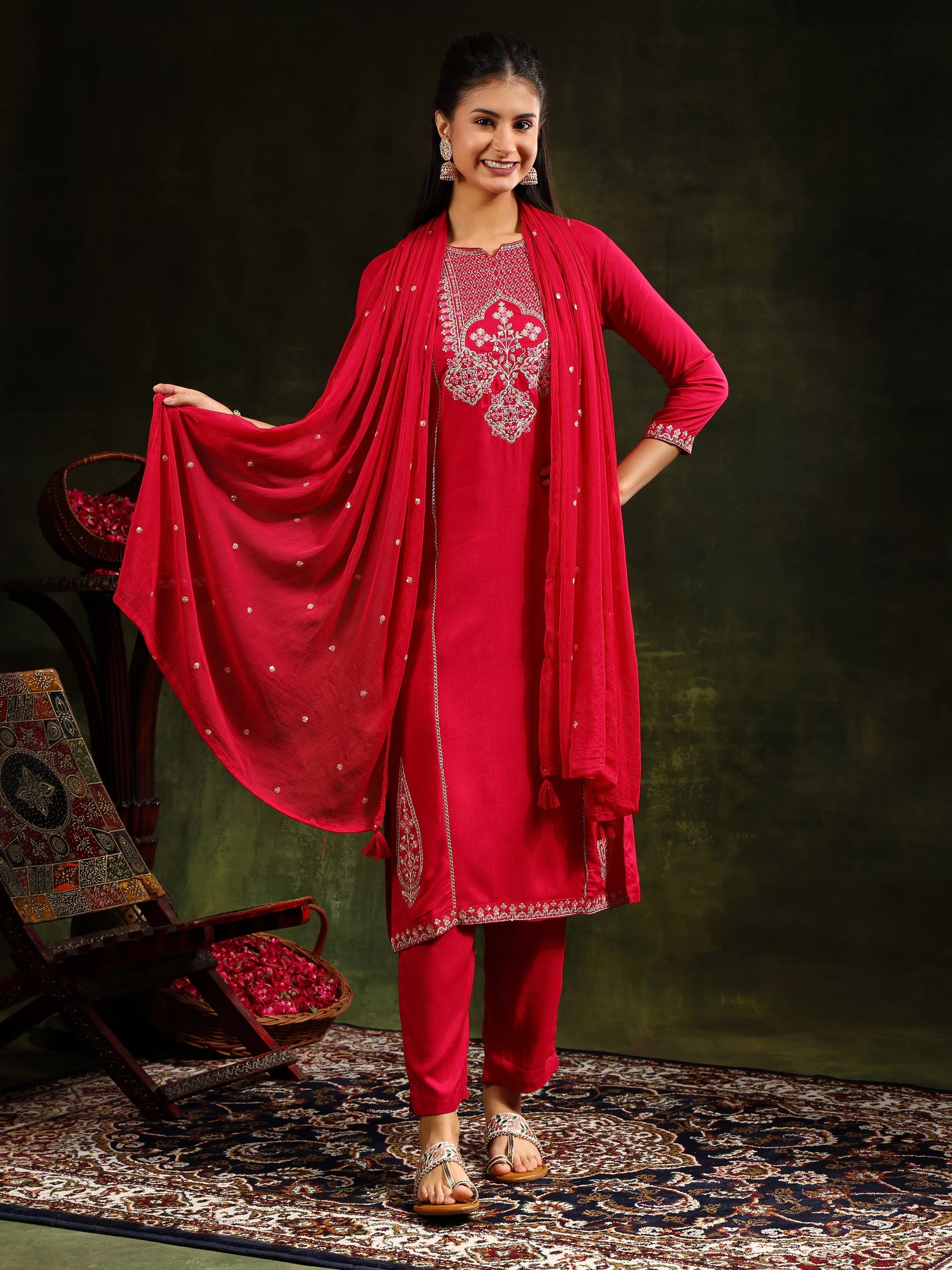 Mirror Embroidered Kurta With Pant & Sequined Embroidered Dupatta, Rani - Hiral Fashion