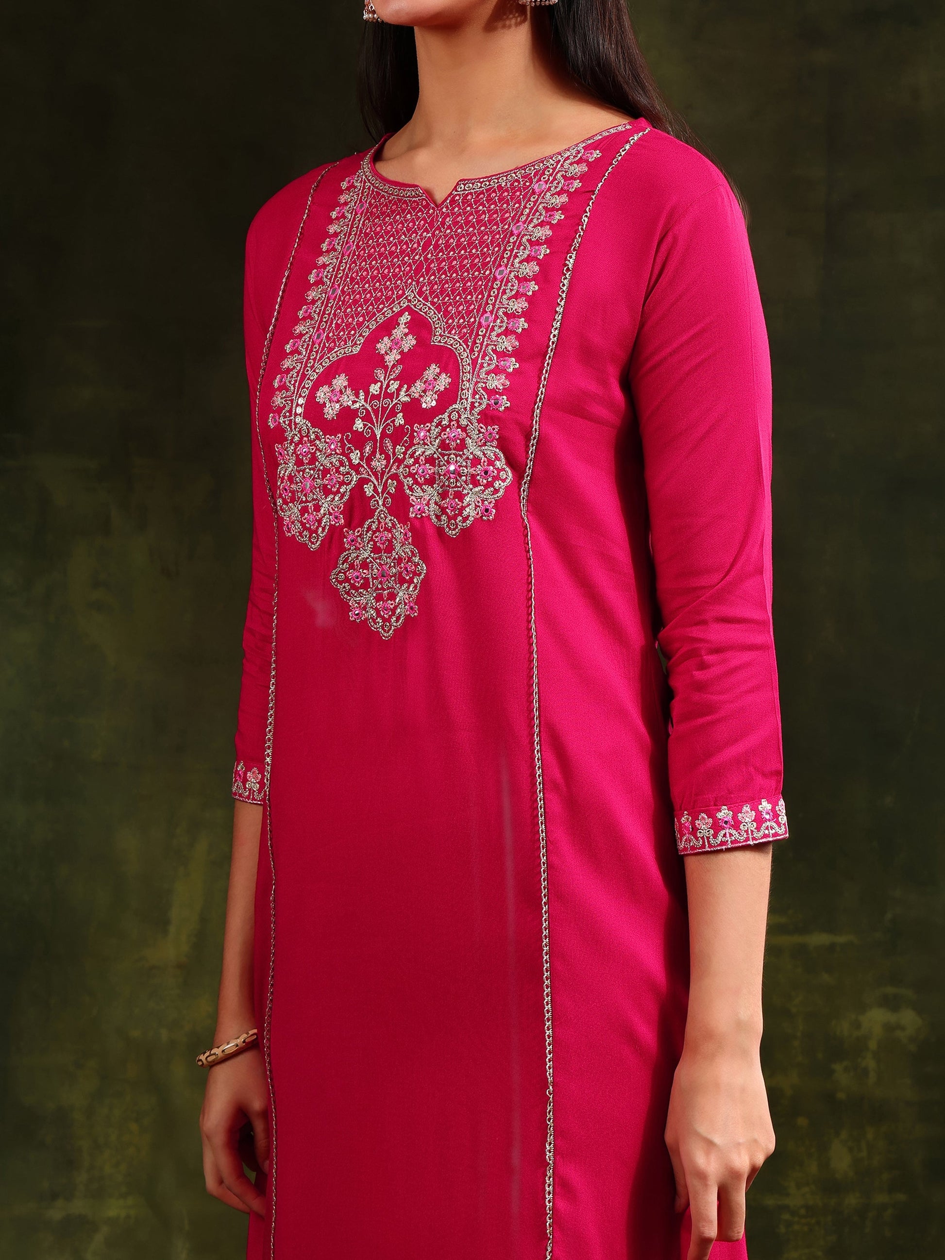 Mirror Embroidered Kurta With Pant & Sequined Embroidered Dupatta, Rani - Hiral Fashion