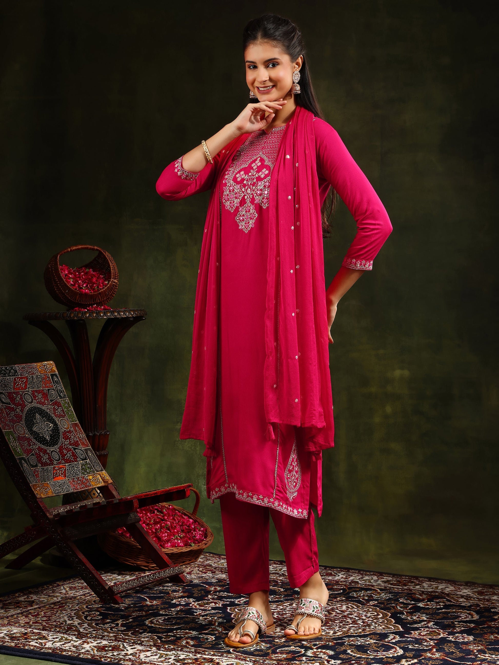 Mirror Embroidered Kurta With Pant & Sequined Embroidered Dupatta, Rani - Hiral Fashion