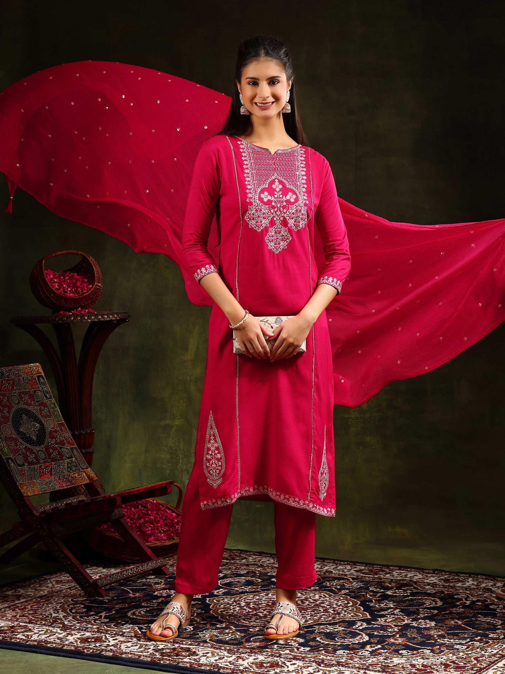Mirror Embroidered Kurta With Pant & Sequined Embroidered Dupatta, Rani - Hiral Fashion