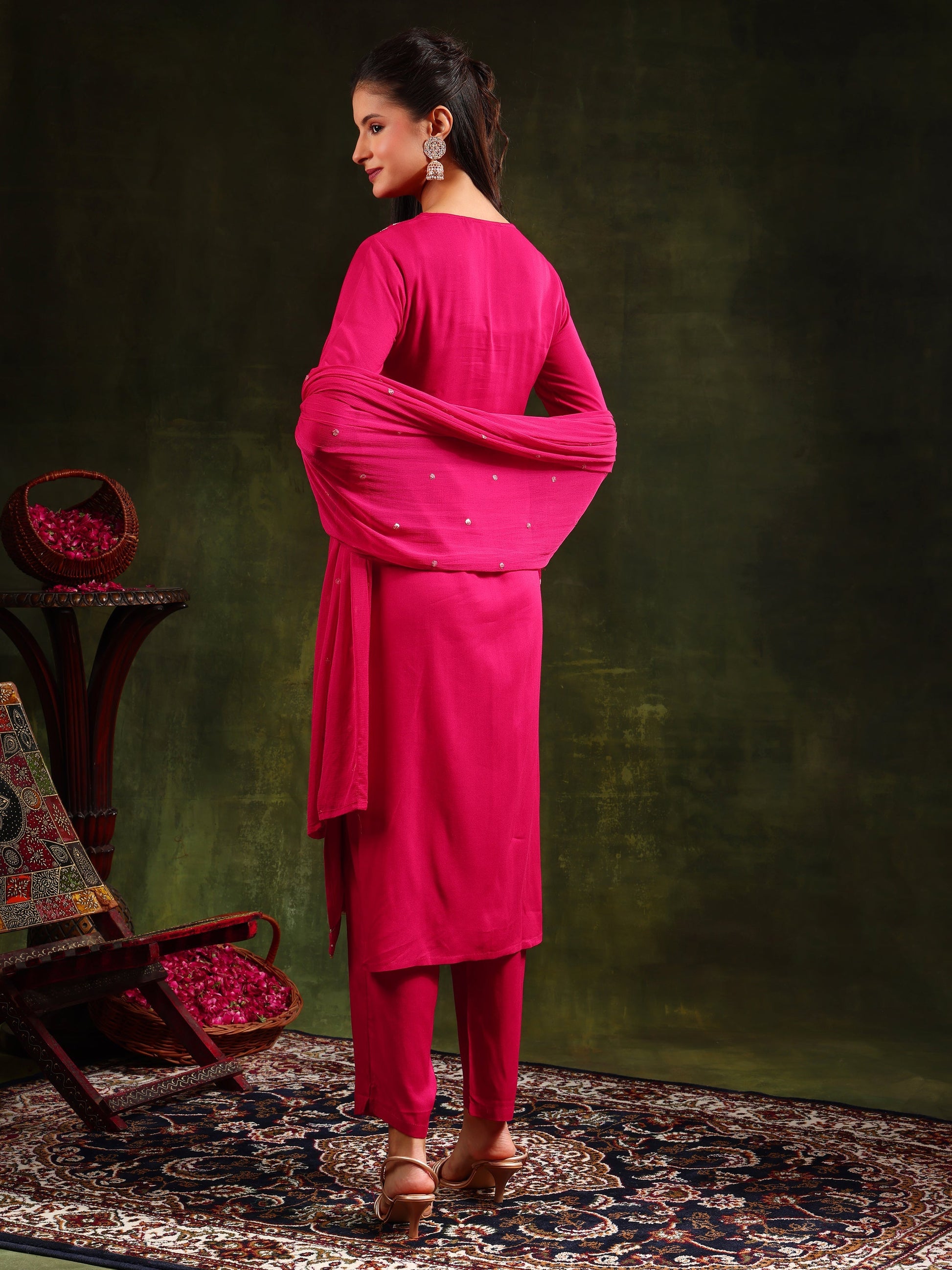 Sequined Embroidered Kurta With Pant & Sequined Embroidered Dupatta, Pink - Hiral Fashion