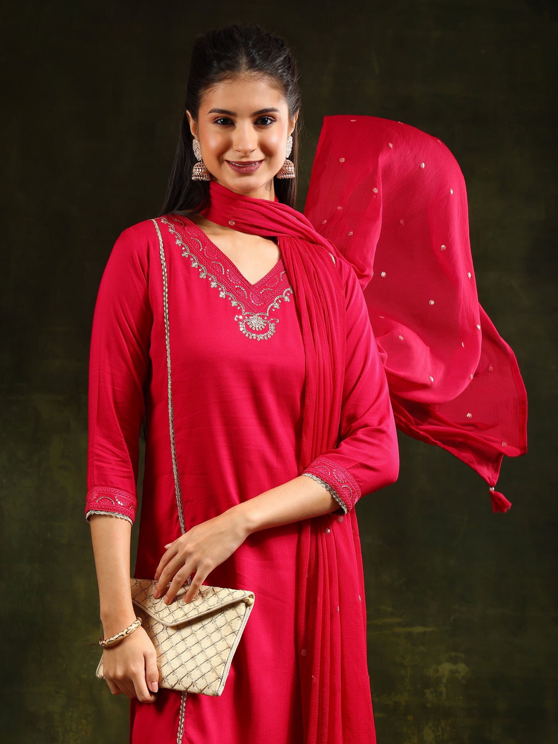 Sequined Embroidered Kurta With Pant & Sequined Embroidered Dupatta, Pink - Hiral Fashion