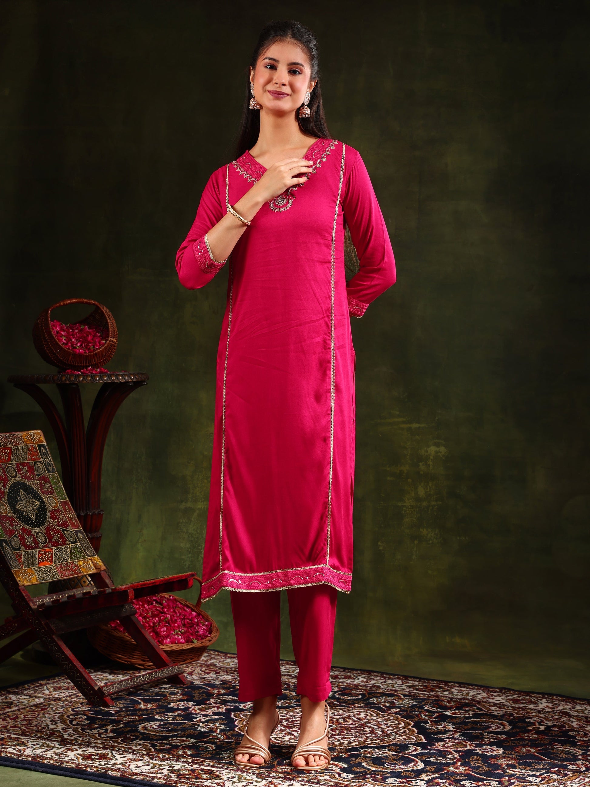 Sequined Embroidered Kurta With Pant & Sequined Embroidered Dupatta, Pink - Hiral Fashion