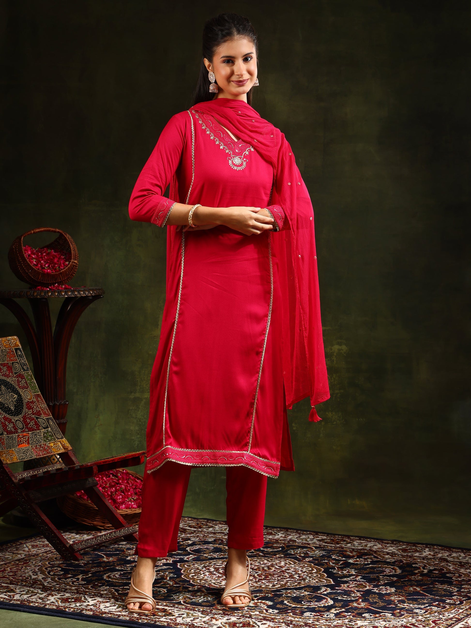 Sequined Embroidered Kurta With Pant & Sequined Embroidered Dupatta, Pink - Hiral Fashion