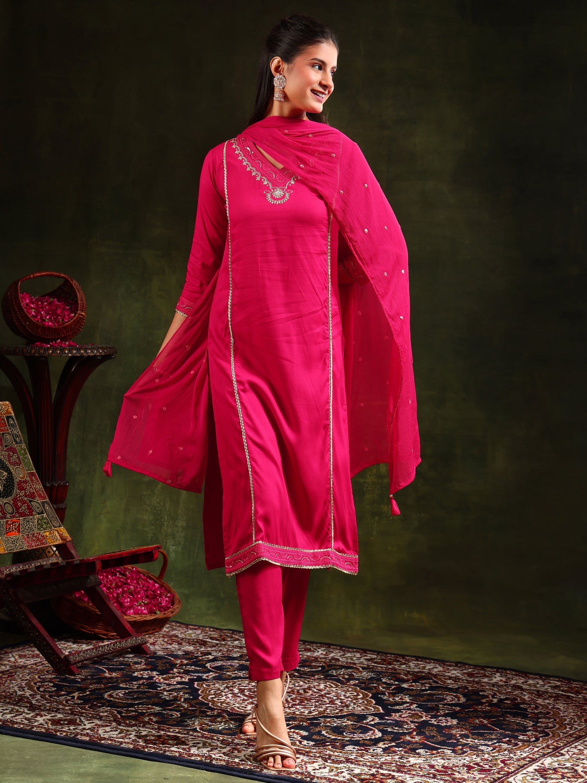 Sequined Embroidered Kurta With Pant & Sequined Embroidered Dupatta, Pink - Hiral Fashion