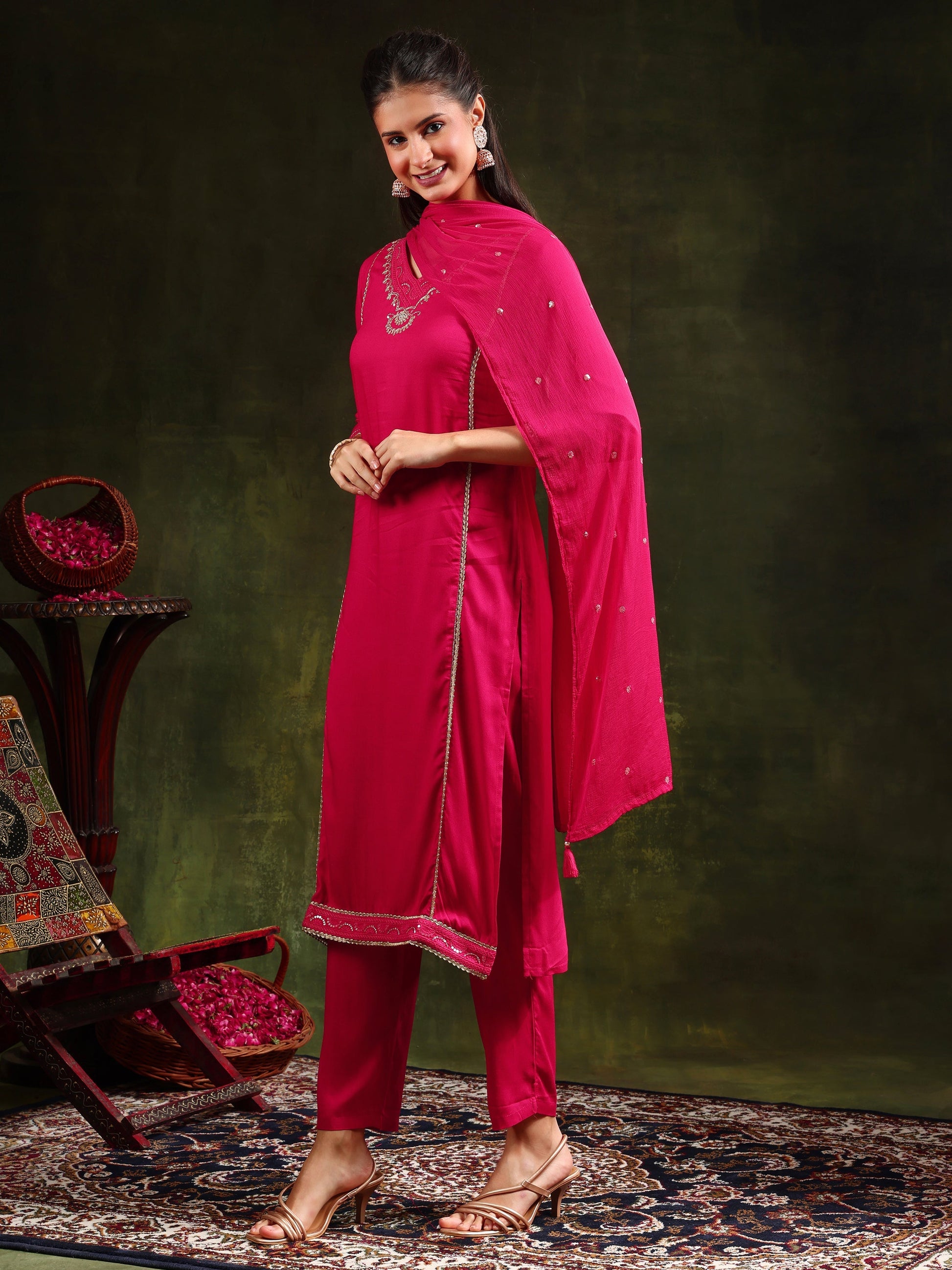 Sequined Embroidered Kurta With Pant & Sequined Embroidered Dupatta, Pink - Hiral Fashion