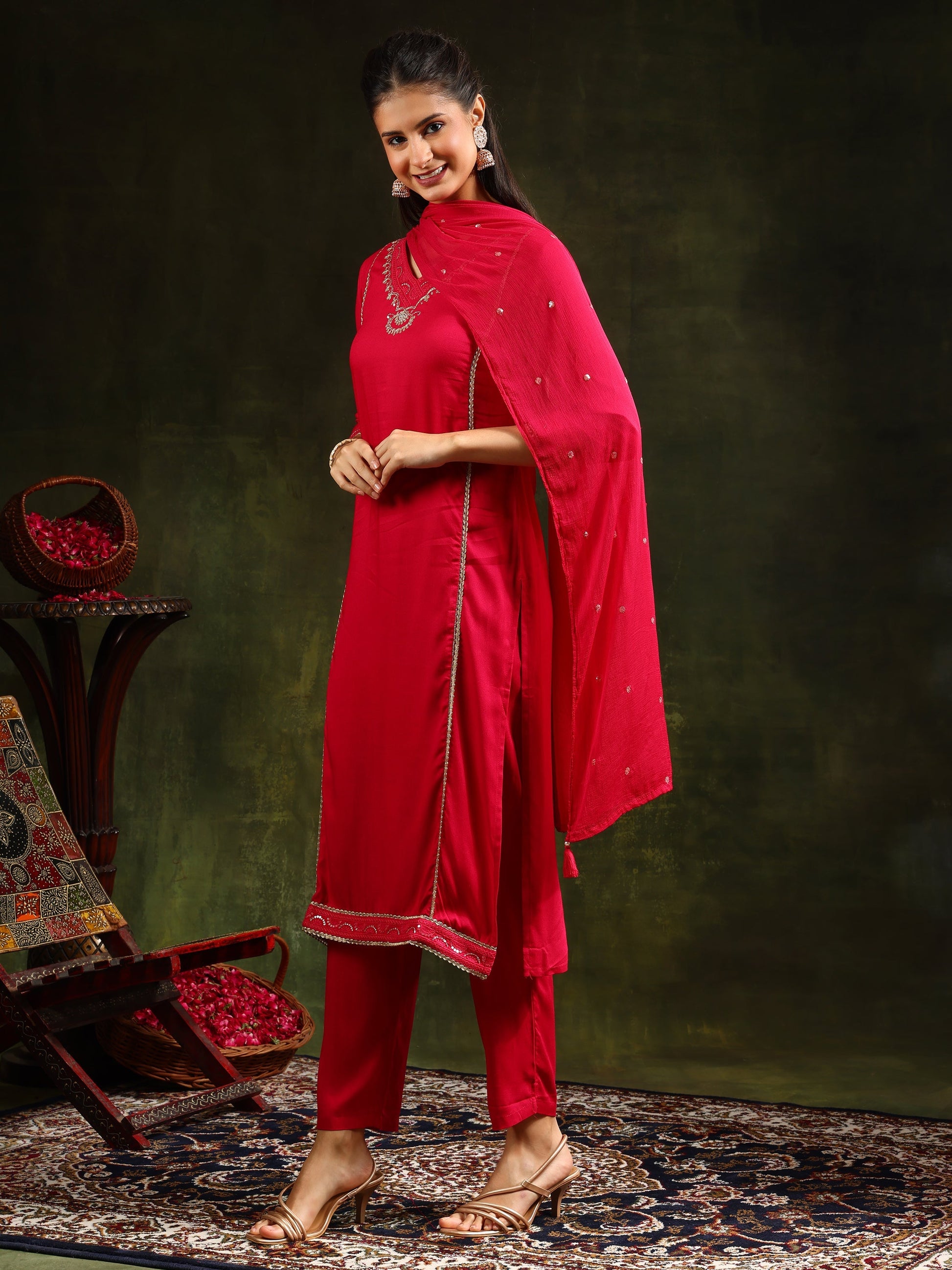 Sequined Embroidered Kurta With Pant & Sequined Embroidered Dupatta, Pink - Hiral Fashion