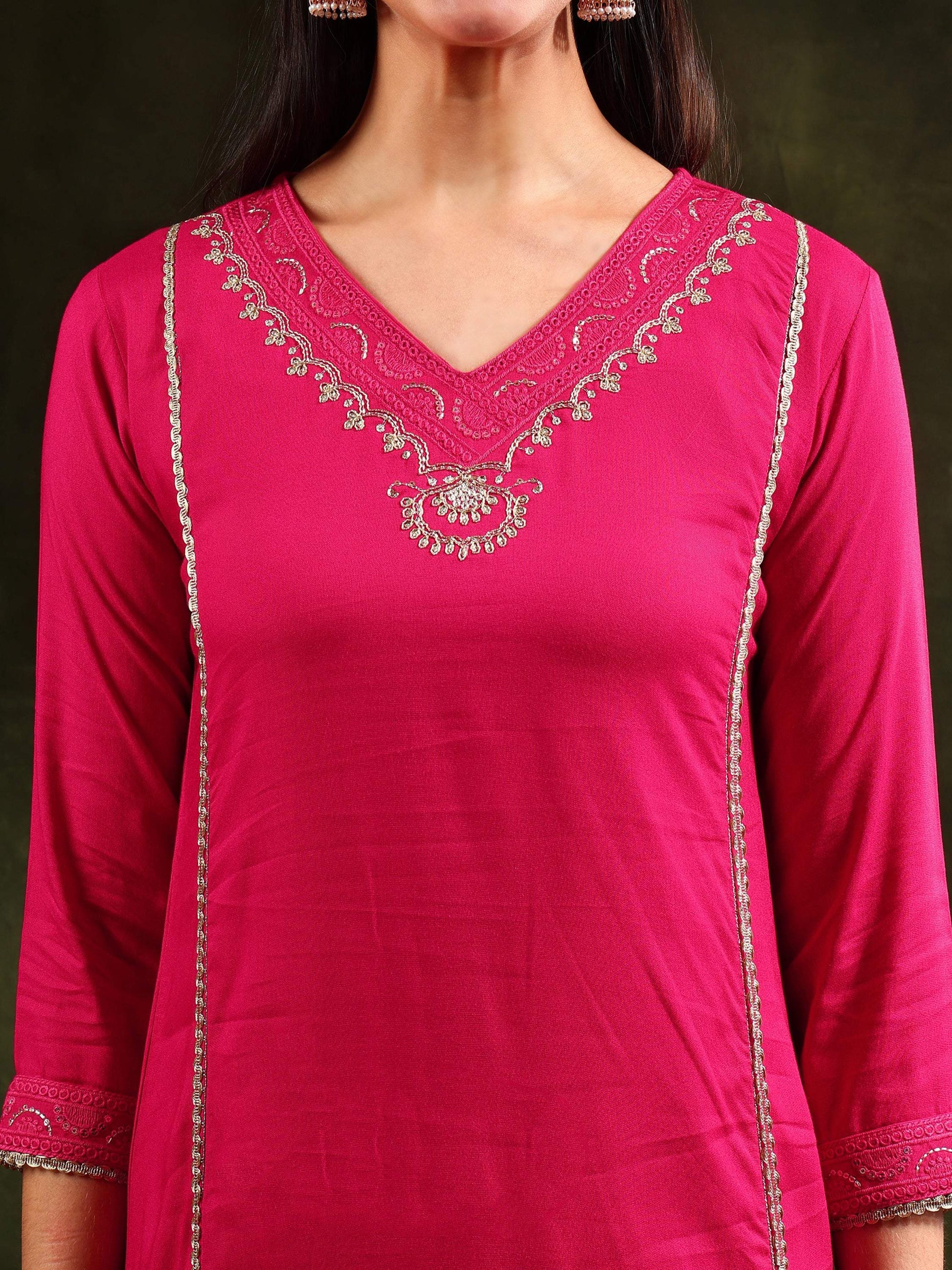 Sequined Embroidered Kurta With Pant & Sequined Embroidered Dupatta, Pink - Hiral Fashion