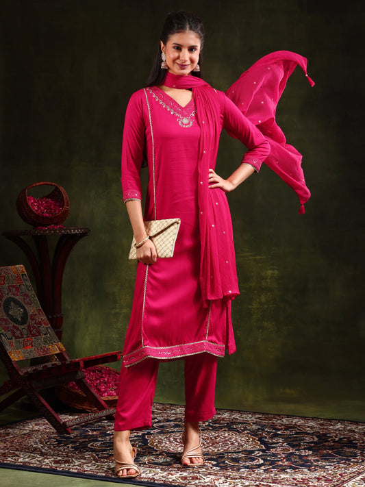 Sequined Embroidered Kurta With Pant & Sequined Embroidered Dupatta, Pink - Hiral Fashion