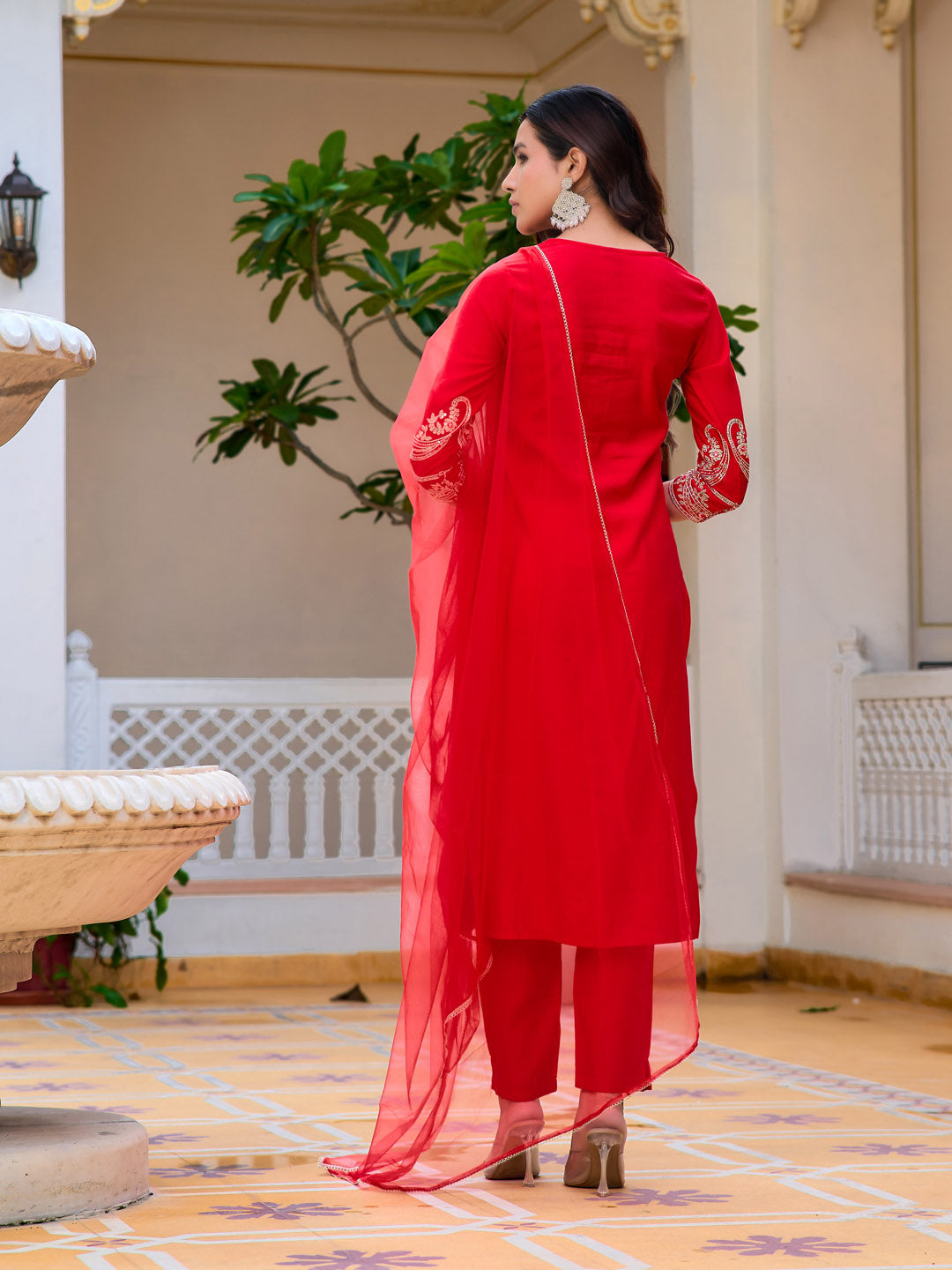 Sequined & Zari Embroidered Kurta With Pant & Net Dupatta, Red - Hiral Fashion