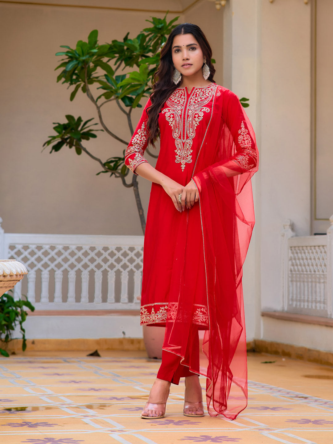 Sequined & Zari Embroidered Kurta With Pant & Net Dupatta, Red - Hiral Fashion