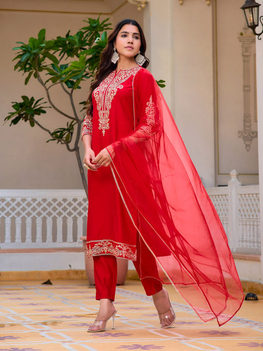 Sequined & Zari Embroidered Kurta With Pant & Net Dupatta, Red - Hiral Fashion