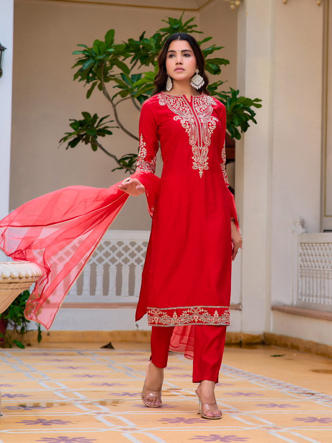 Sequined & Zari Embroidered Kurta With Pant & Net Dupatta, Red - Hiral Fashion
