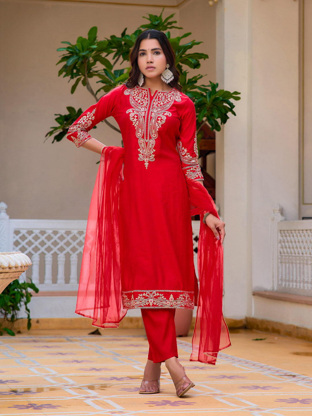 Sequined & Zari Embroidered Kurta With Pant & Net Dupatta, Red - Hiral Fashion