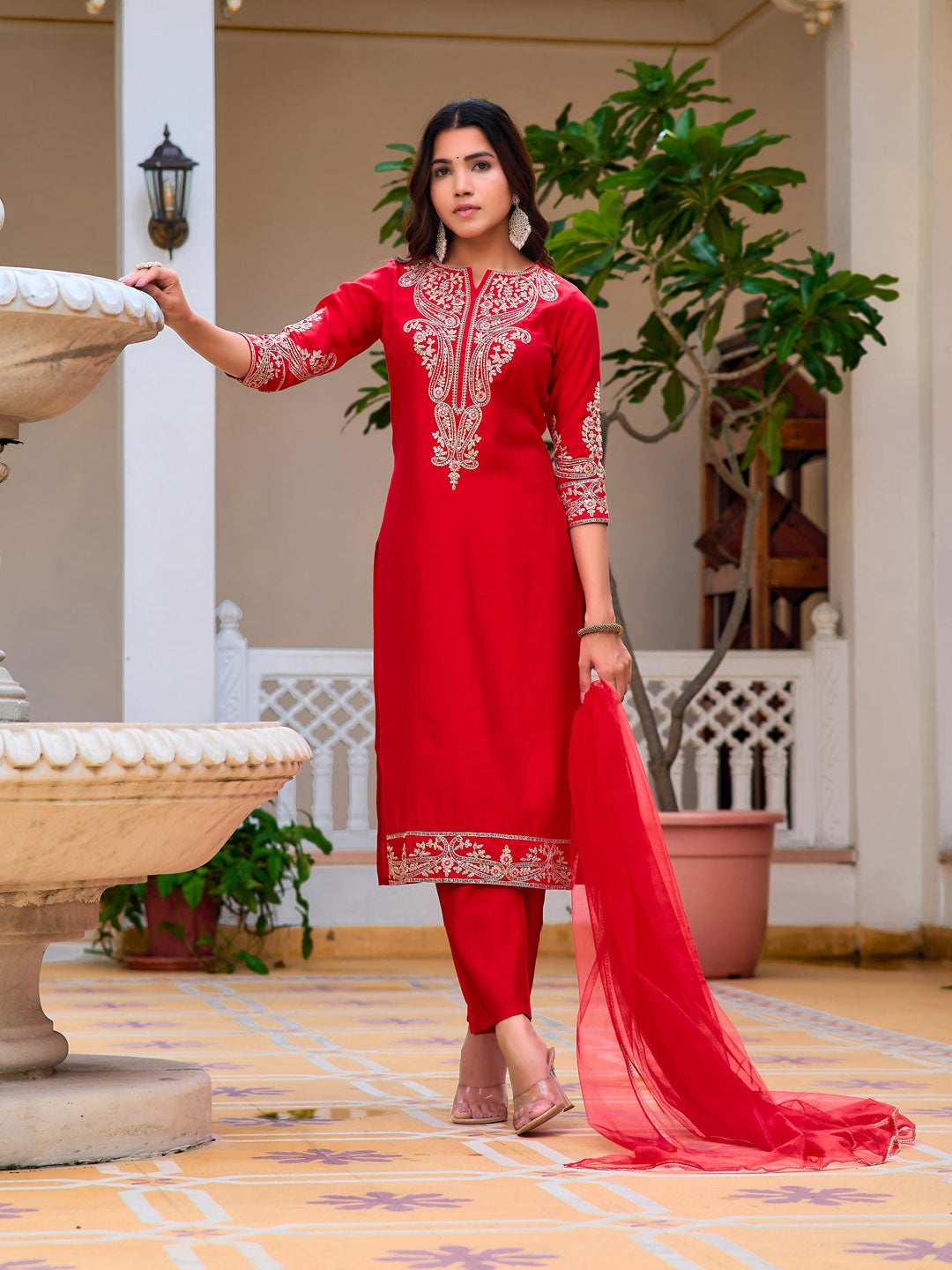 Sequined & Zari Embroidered Kurta With Pant & Net Dupatta, Red - Hiral Fashion