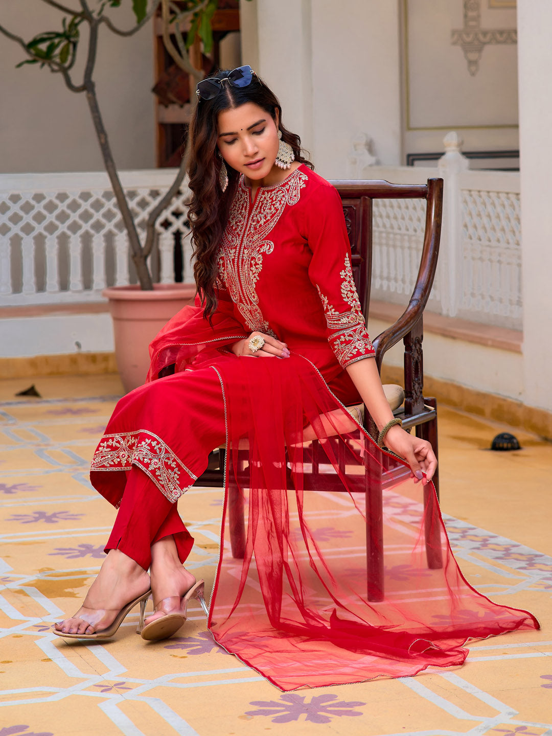 Sequined & Zari Embroidered Kurta With Pant & Net Dupatta, Red - Hiral Fashion