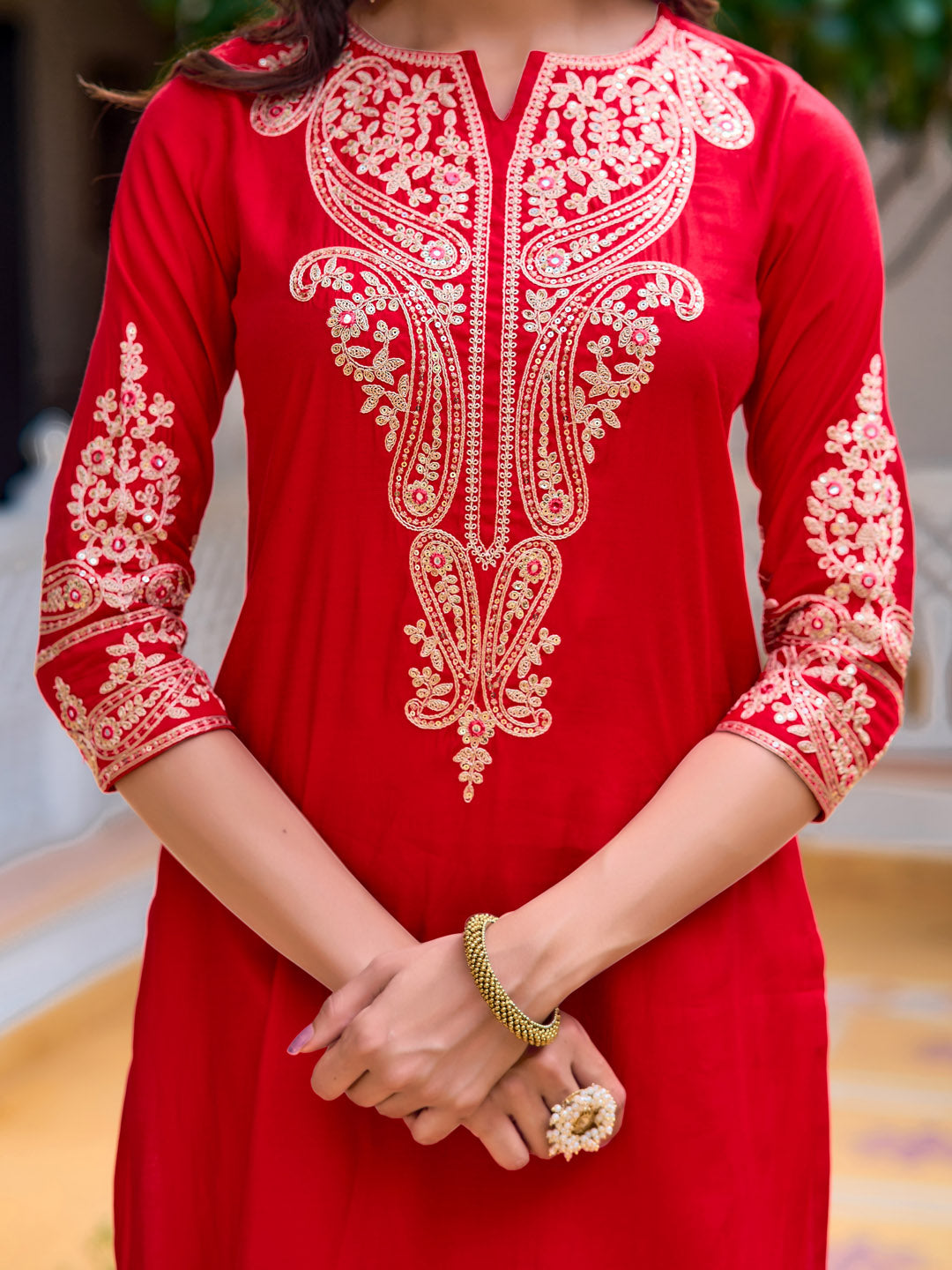 Sequined & Zari Embroidered Kurta With Pant & Net Dupatta, Red - Hiral Fashion
