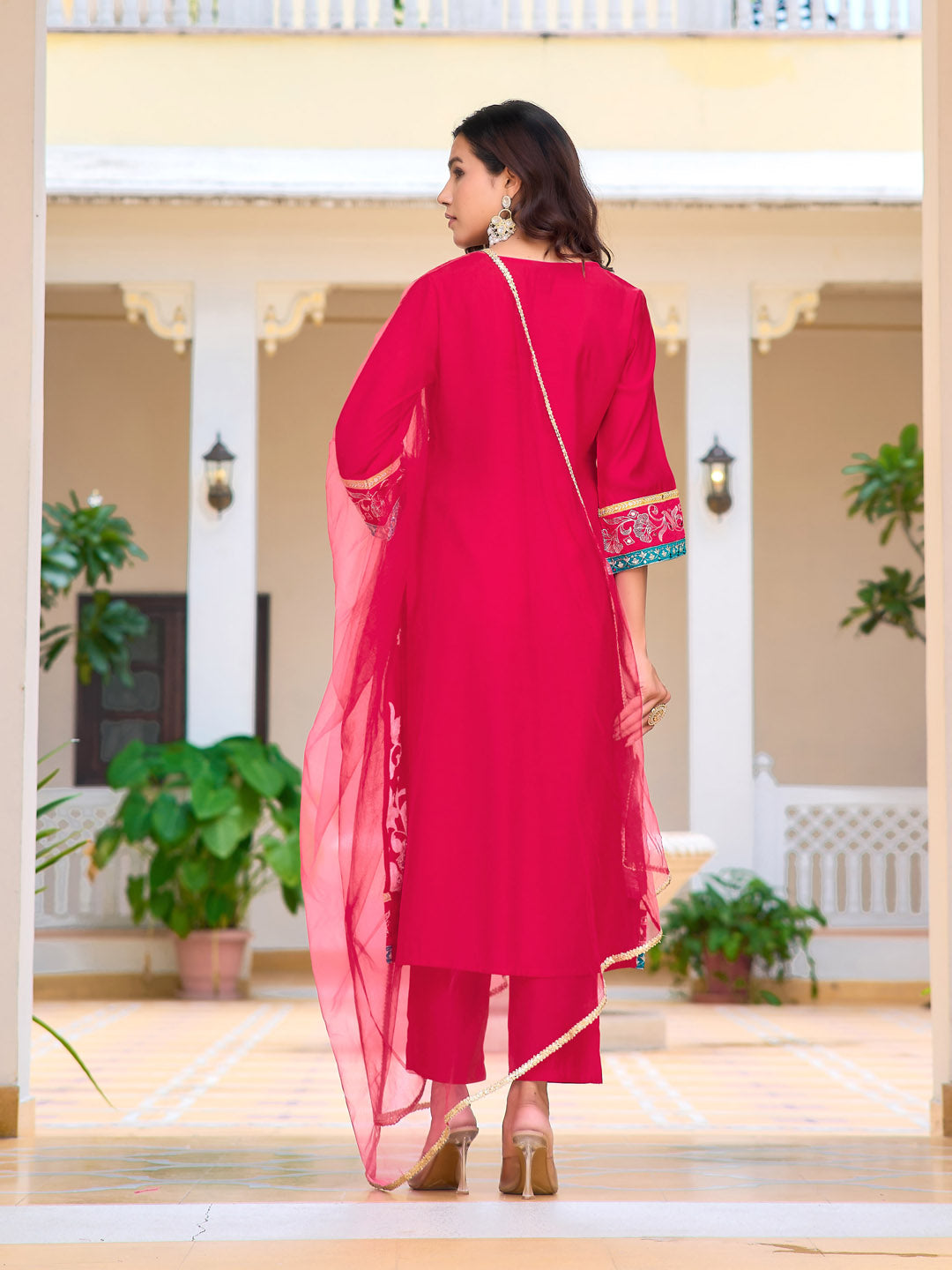 Embroidered Kurta With Pant & Lace Dupatta, Pink - Hiral Fashion