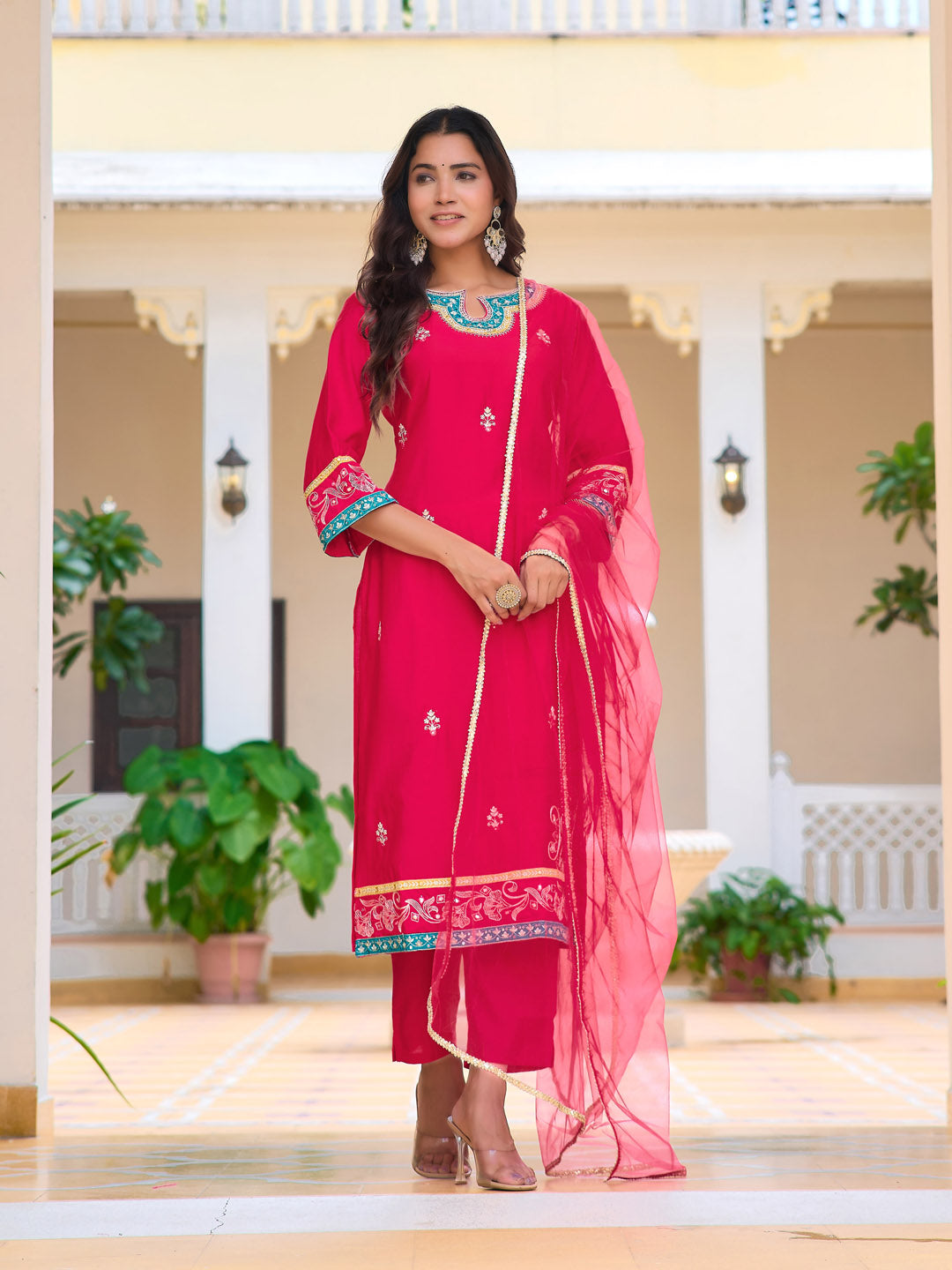 Embroidered Kurta With Pant & Lace Dupatta, Pink - Hiral Fashion
