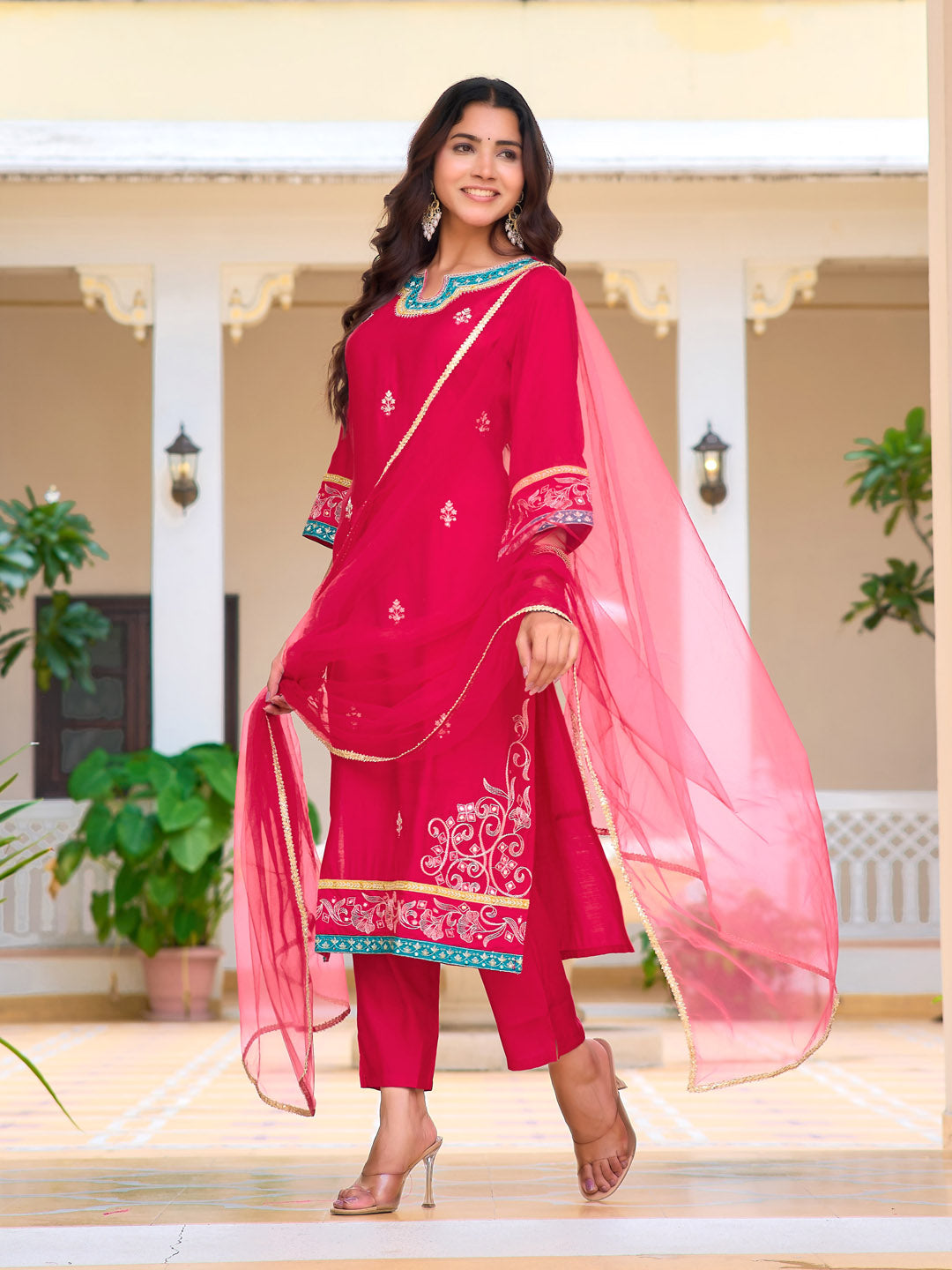 Embroidered Kurta With Pant & Lace Dupatta, Pink - Hiral Fashion