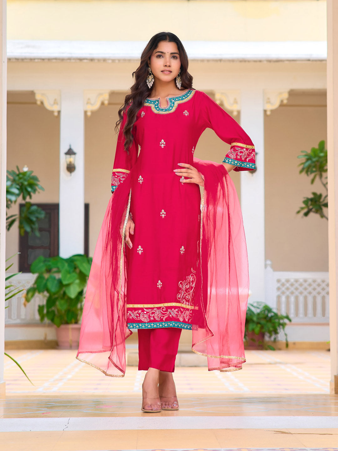 Embroidered Kurta With Pant & Lace Dupatta, Pink - Hiral Fashion