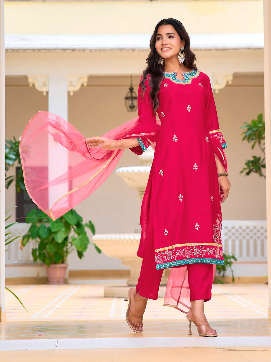 Embroidered Kurta With Pant & Lace Dupatta, Pink - Hiral Fashion
