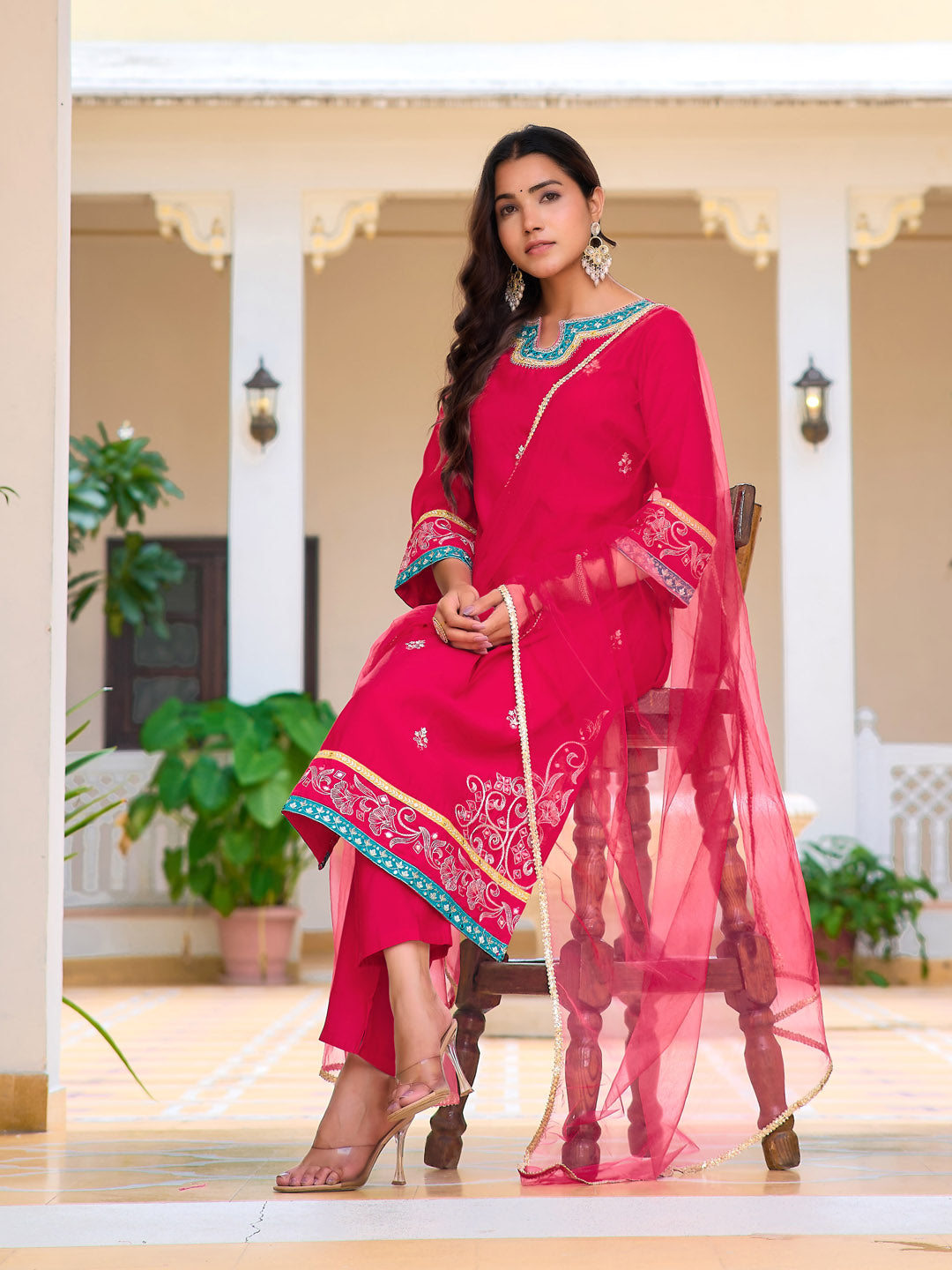 Embroidered Kurta With Pant & Lace Dupatta, Pink - Hiral Fashion