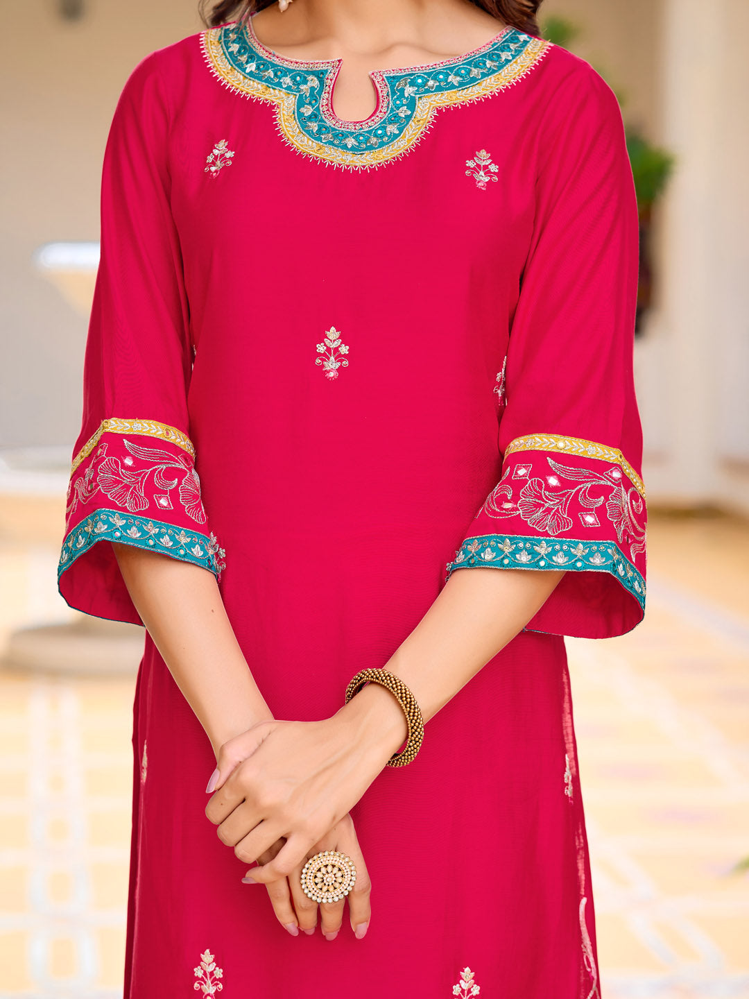 Embroidered Kurta With Pant & Lace Dupatta, Pink - Hiral Fashion