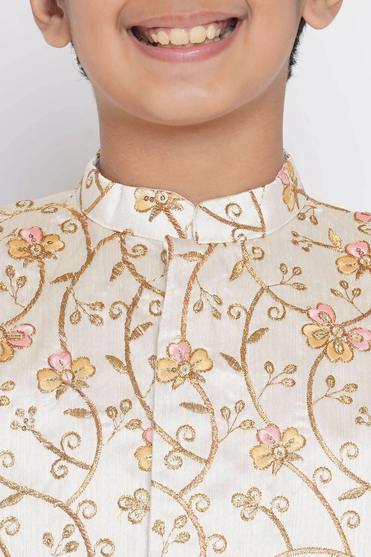 Little Bansi Banarsi Silk Orange Pink Floral Embroidery Jacket With Cotton Kantha kurta And Kantha Dhoti - Cream