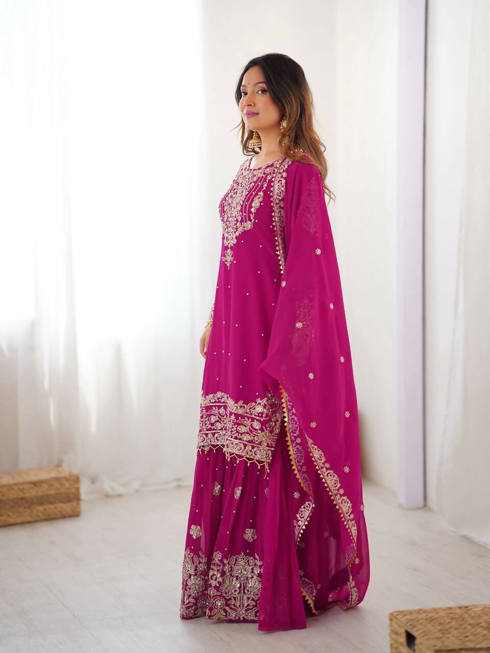 Teeya Creation Pink Color Faux Georgette Embroidery Work Wedding Wear Sharara