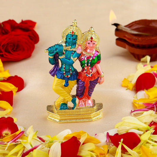 Estele Gold-Polished Devotional Shree Radha Krishna Idol with Multi Color Stone Type:Enamel for Home/Car Decor