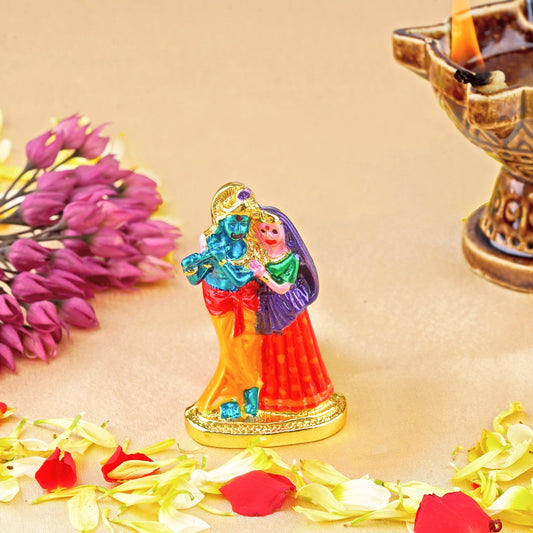 Estele Gold-Polished Devotional Shree Radha Krishna Idol with multi-color Stone Type:Enamel for Home/Car Decor