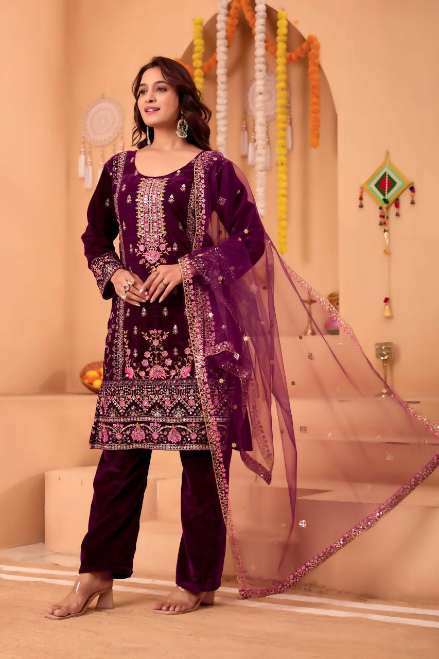 Joban Fashion Purple Velvet Embroidery Sequence Work Readymade Kurta Set