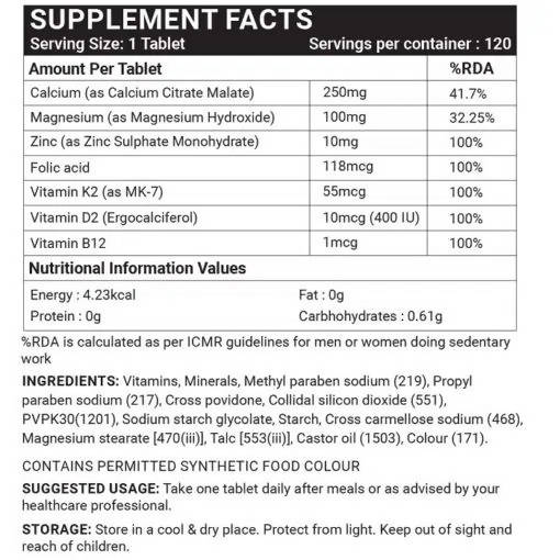 Inlife Calcium Zinc Magnesium Vitamin D2+K2 Tablets 