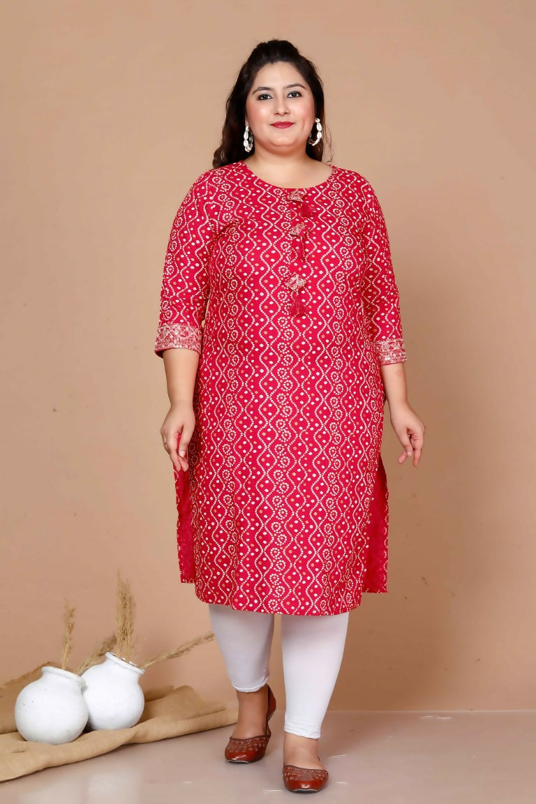Miravan Women's Plus Size Pink Bandhani Pakistani Straight Kurti 