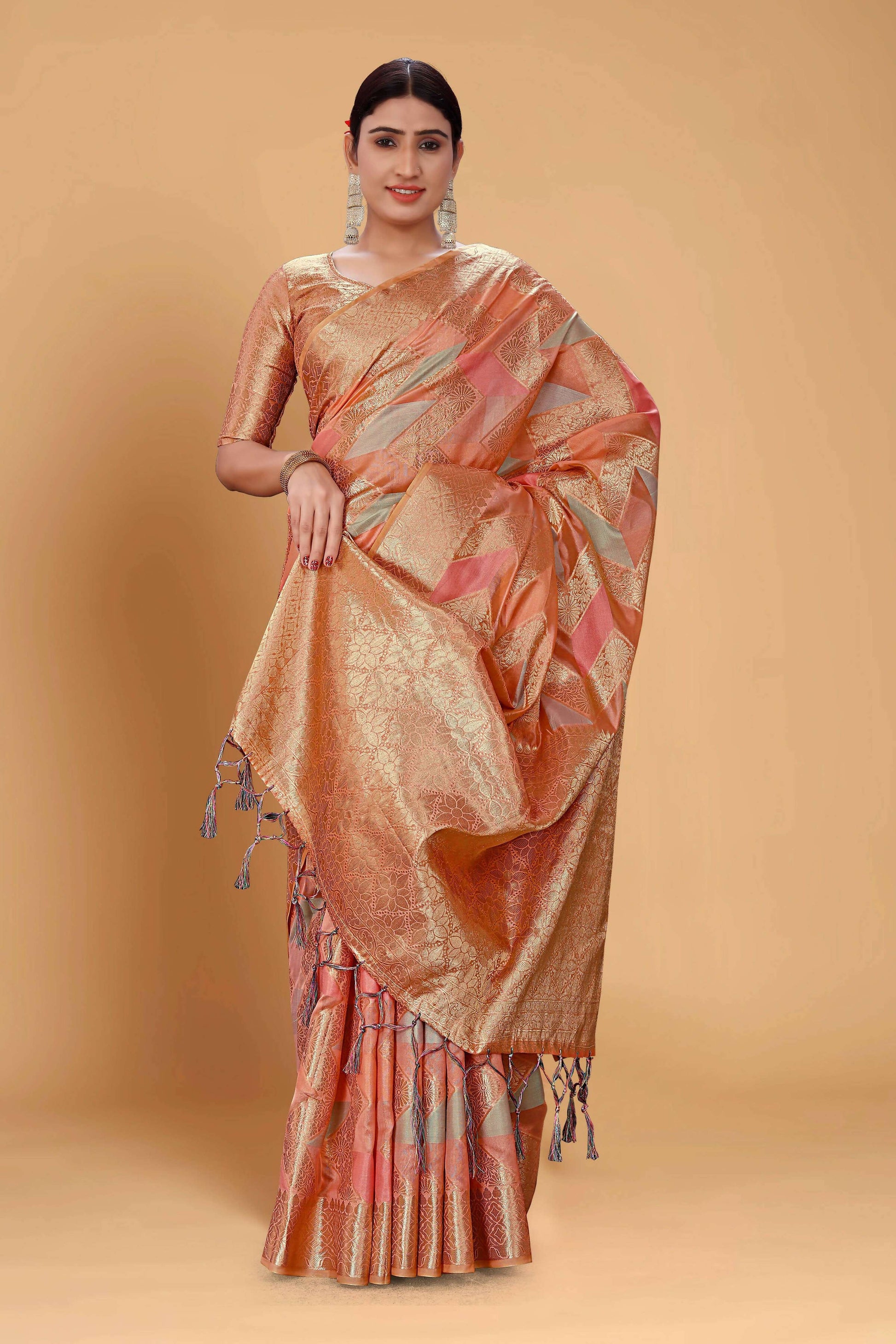 Peach Soft Organza Woven Design Saree With Unstitched Blouse Piece - Zaara
