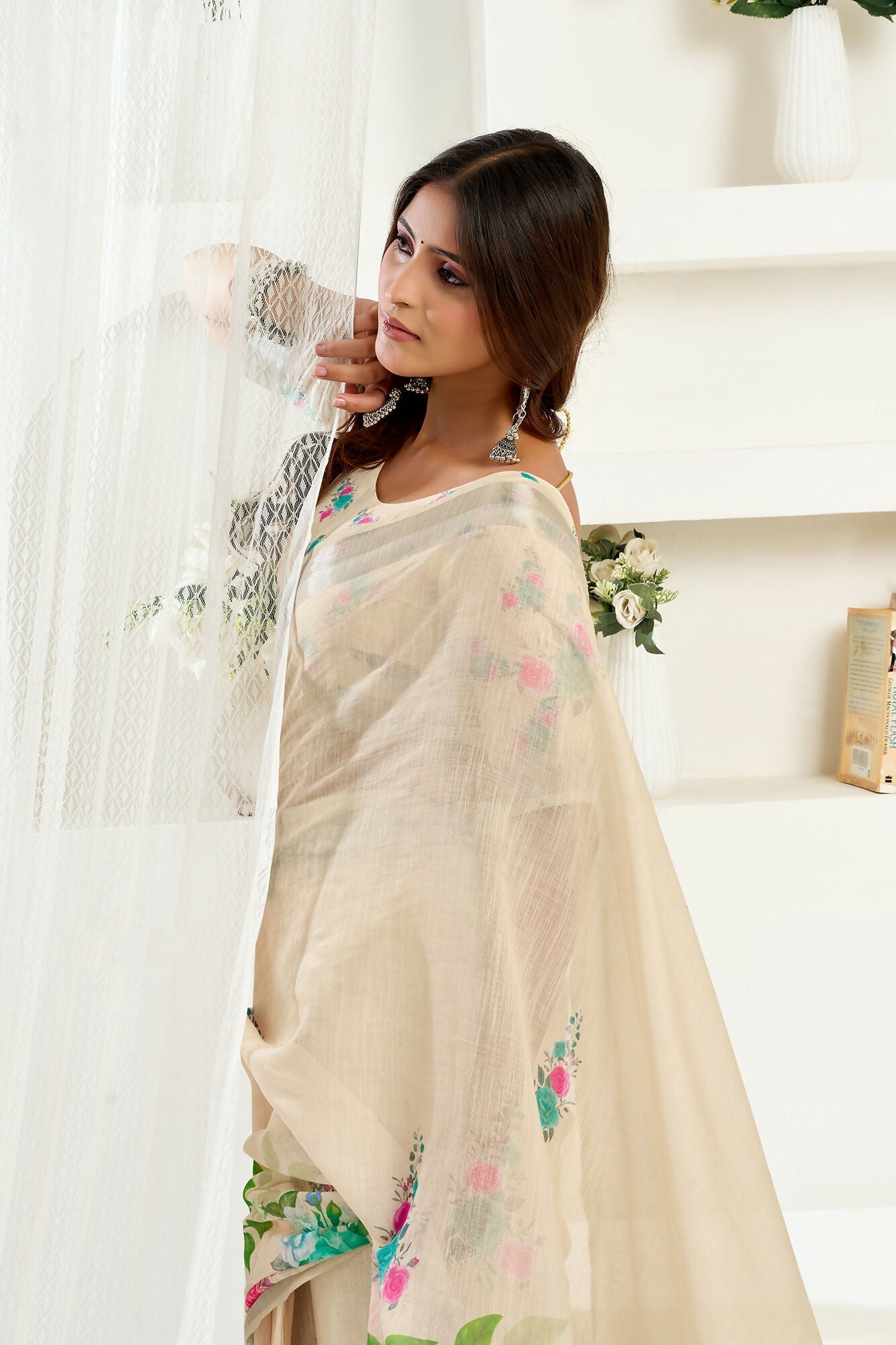 Vastranavya Cream Digital Printed Linen Ready To Wear Designer Grab2Buy with Unstitched Blouse  Grab2Buy Vastranavya Grab2Buy